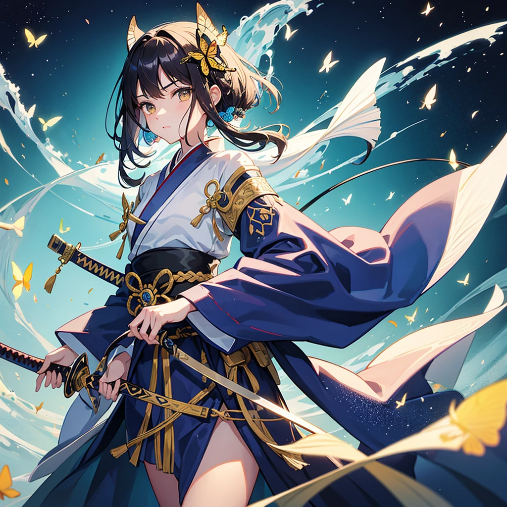 swordsman,1 girl,animal,animal print,belt,belt Buckle up,black hair,blue Butterfly,Buckle up,loopholes,Butterfly,Butterfly hair accessories,Butterfly on hand,Butterfly print,forehead,glowing Butterfly,gradient hair,hair accessories,Haori,Keep,Keep sword,Keep arms,japanese clothes,Samurai sword,Section Chief Ren,long hair,long sleeve,petal,alone,sword,arms,white belt,white Butterfly,wide sleeves,yellow Butterfly,Keep sword with both hands,sword focus, kitsune mask