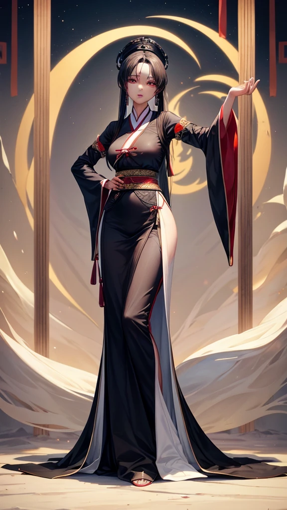 A long black woman with a fair bust and a thin body. Wear a neat hanfu and have white skin.