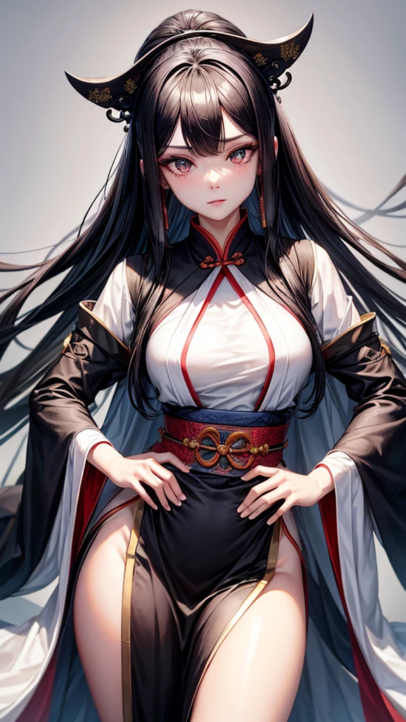 A long black woman with a fair bust and a thin body. Wear a neat hanfu and have white skin.