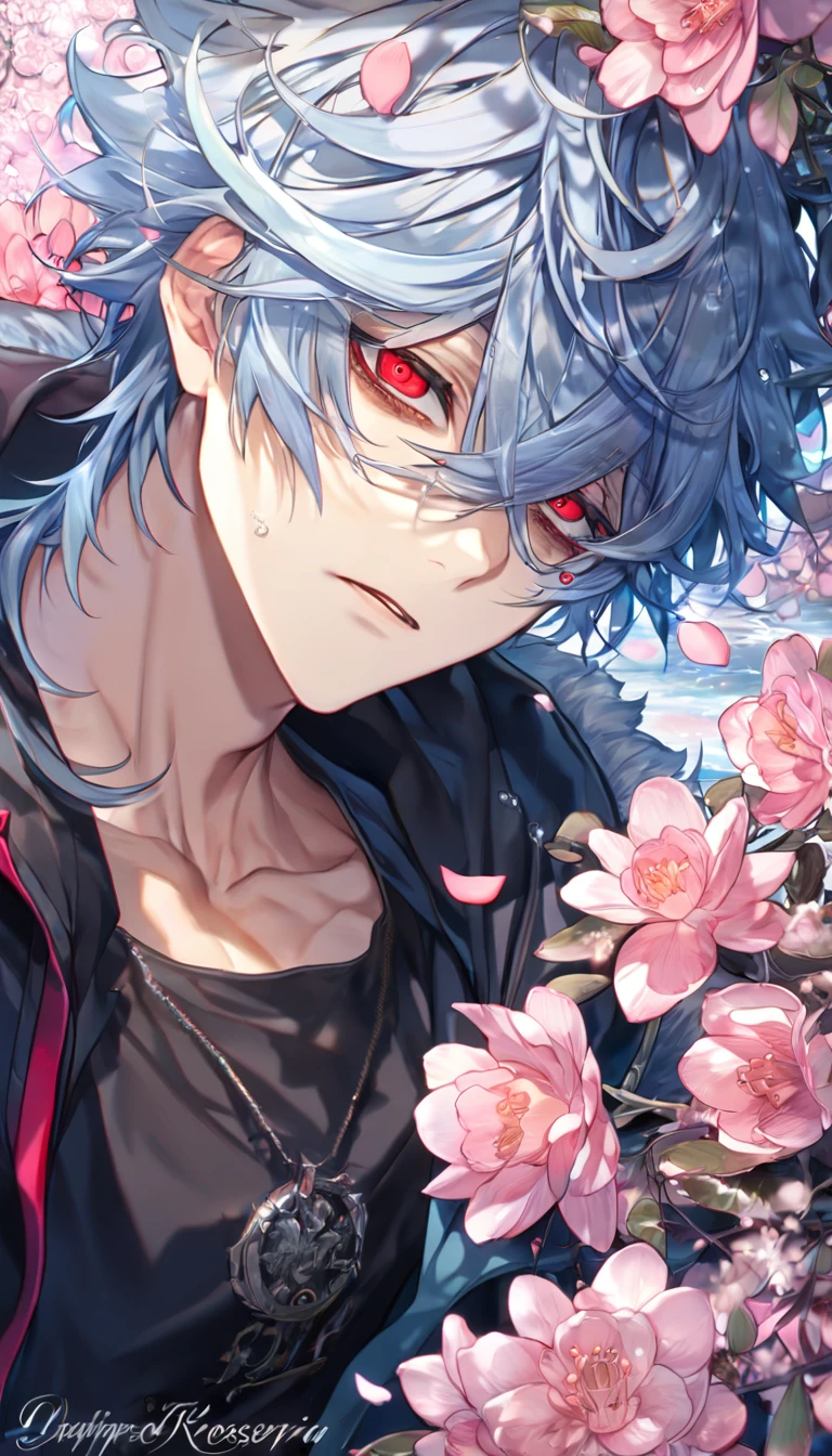 Ultra detailed, highres, absurdres, HDR, master piece, Kuro, messy hair, light blue hair, expressive red eyes, black bags under the eyes, Servamp, fantasy, pink petals, water, pink flowers, handsome, sexy man, solo, best quality, blossoms, blue shining fireflies, black shirt, a hooded light blue jacket with fur, the word KROZSERIA is written on his shirt