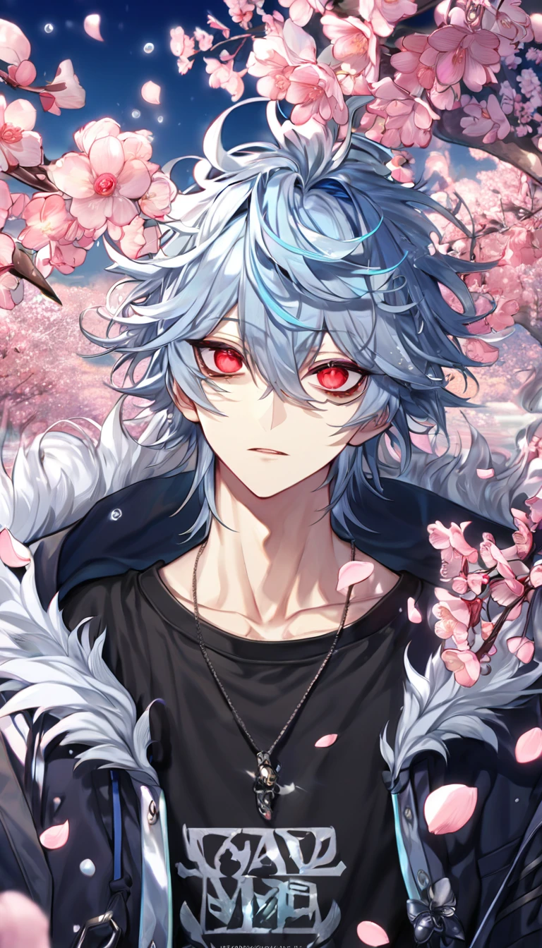 Ultra detailed, highres, absurdres, HDR, master piece, Kuro, messy hair, light blue hair, expressive red eyes, black bags under the eyes, Servamp, fantasy, pink petals, water, pink flowers, handsome, sexy man, solo, best quality, blossoms, blue shining fireflies, black shirt, a hooded light blue jacket with fur, the word KROZSERIA is written on his shirt