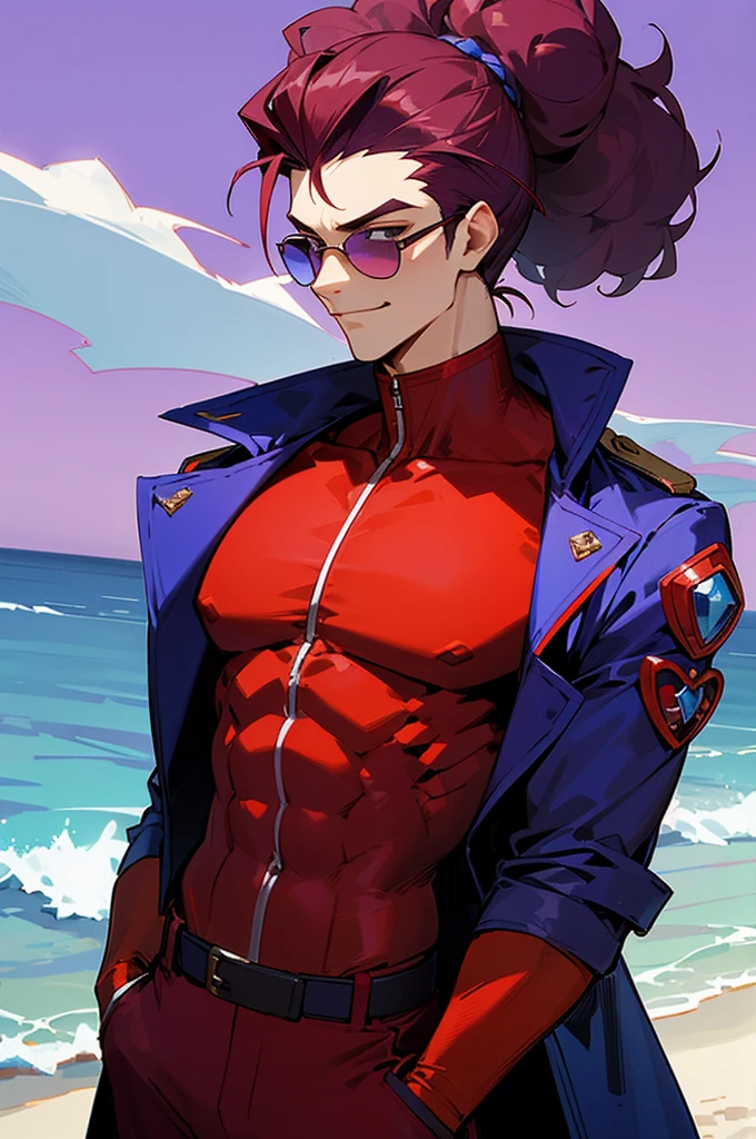 Dark crimson Hair, shades,, Muscular, big afro hair, purple gem on chest, blue and red outfit, smirk, beach background, young. male, upper body, blue jacket, lean build, hair tied in a bun, arms in pockets
