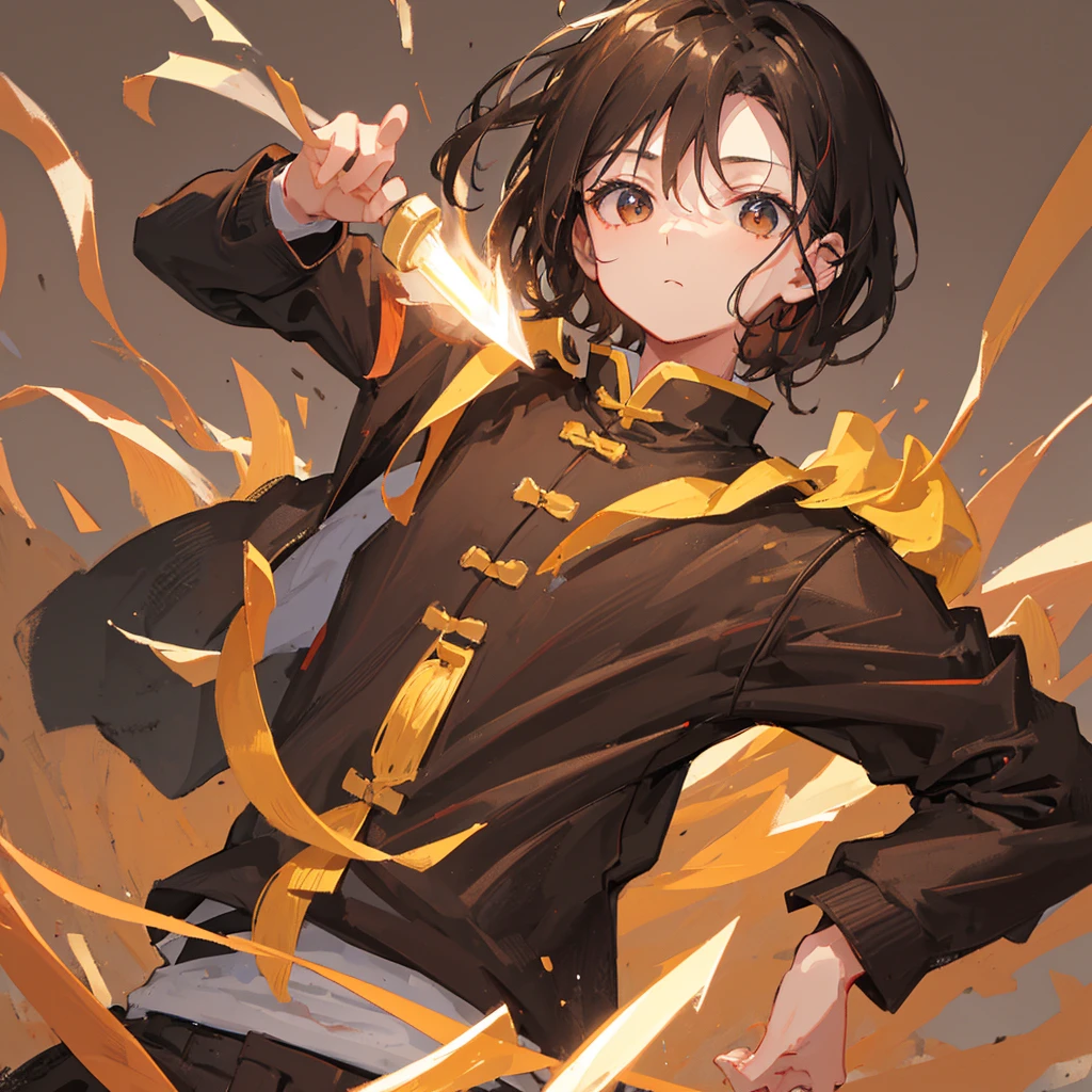 a chinese ,juvenile,Black short hair,Blade in hand,witty,,Brown Tone,((Plain brown background))
