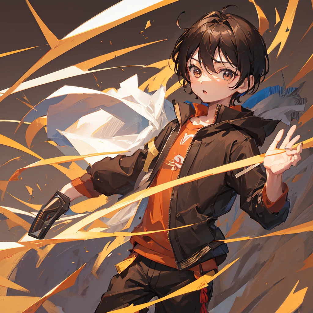 a chinese little boy，juvenile，Black short hair，Blade in hand，witty，,Brown Tone，((Plain brown background))