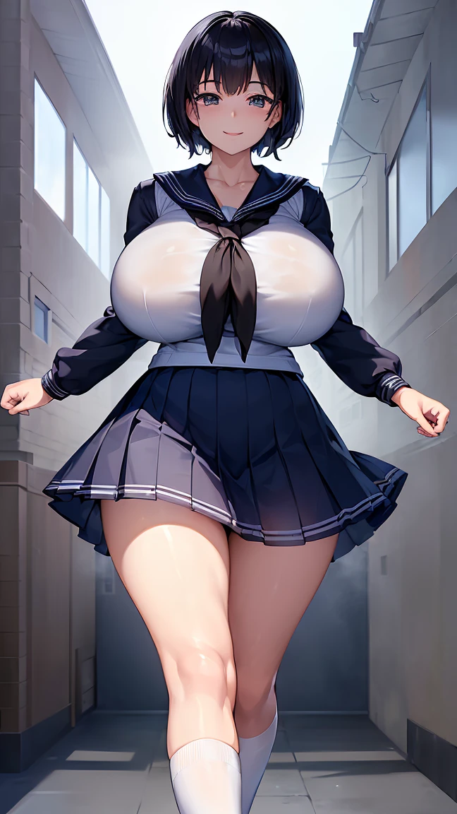 ​(morning, school building :1.4), high resolution, extremely detailed CG, unity 8k wallpaper, super detailed skin, perfect anatomy, detailed, cinematic lighting, dynamic lighting, beautiful detailed eyes, black short hair, (smile:1.2)、(looking at viewer:1.8), (gigantic breasts:1.4)、 (sailor uniform:1.5), (upskirt:1.2), (gleaming skin:1.2)、
(arms behind back, walking:1.3),