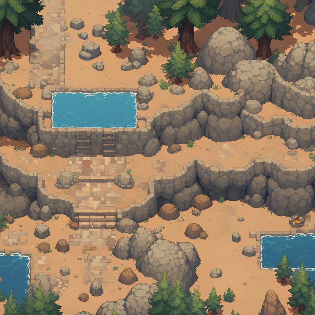 retro video game style,pixelated, vibrant pastel colors,8-bit characters,blocky shapes,sharp lines,detailed shading,classic gaming vibe,nostalgic atmosphere,classic arcade games,masterpiece:1.2,ultra-detailed,illustration style, 2d texture, stone texture, 4 k seamless mud texture, video game texture, dirt texture, tileset, game tiles, grass, trees, rock texture, detailed trees, topdown view, game texture, game art, tileable texture, very detailed cliff texture, intricate stones, top down view, 3/4th perspective