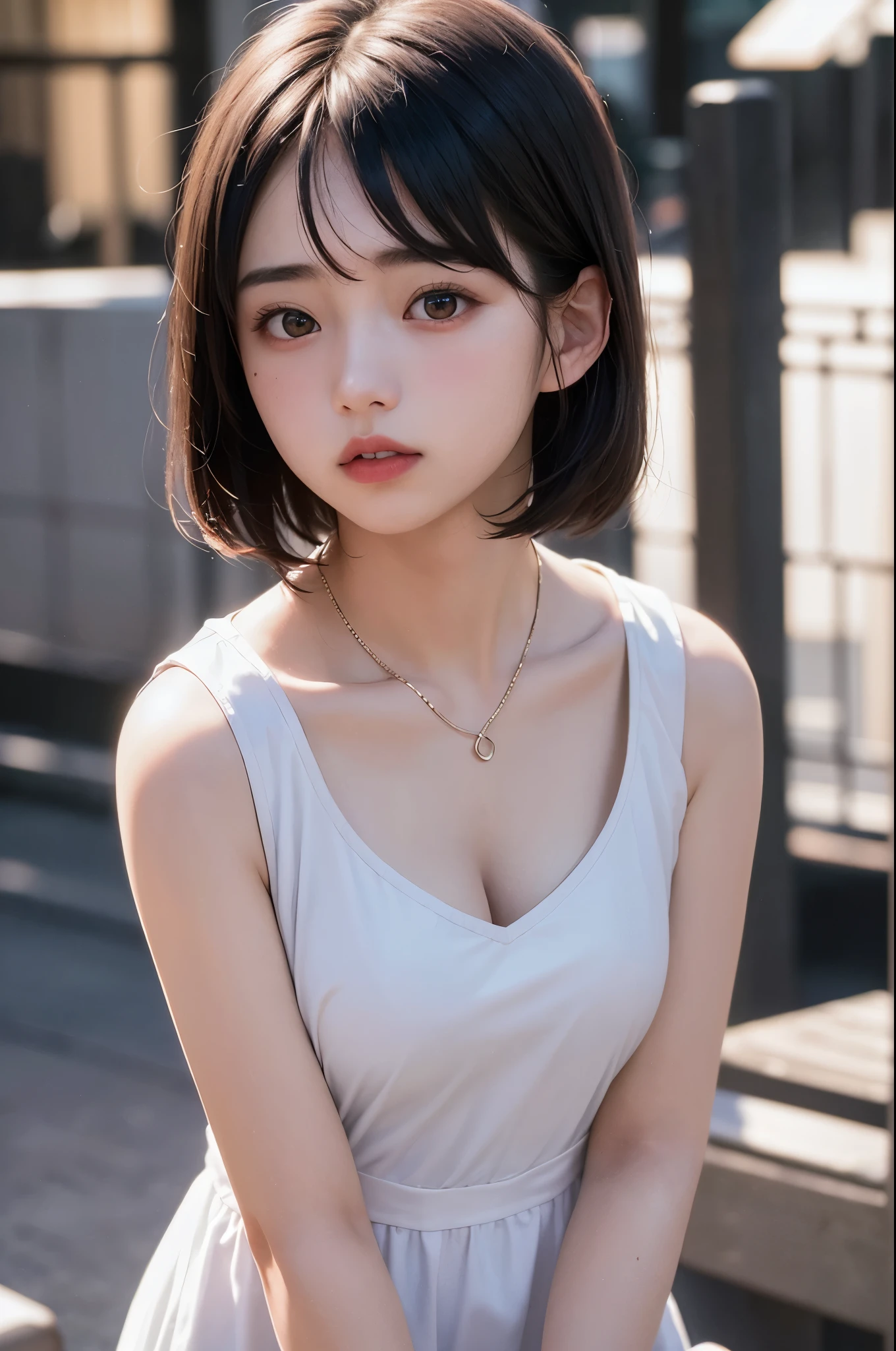 (1 nogizaka girl,15years old face,raw photo,photo realistic:1.5),(best quality, high quality,HDR, highest quality,ultra high resolution,high resolution,high res,ultra high difinition,huge file size,8K,2K wallpaper,8K wallpaper,high quality texture,amazing,an extremely delicate:1.4),one girl, Japanese famous idol,cute face,small face,absurd,ridiculous,incredibly ridiculous,blurry background,(sundress,short hair,cleavage,no makeup:1.2),medium skin,beautiful skin,detailed skin,black hair,silky hair,black eyes,Japanese nose,5-fingers,(Light Particles, Lens Flare, Luminous Particles: 0.7),looking at viewer,bright lighting,professional lighting,girl