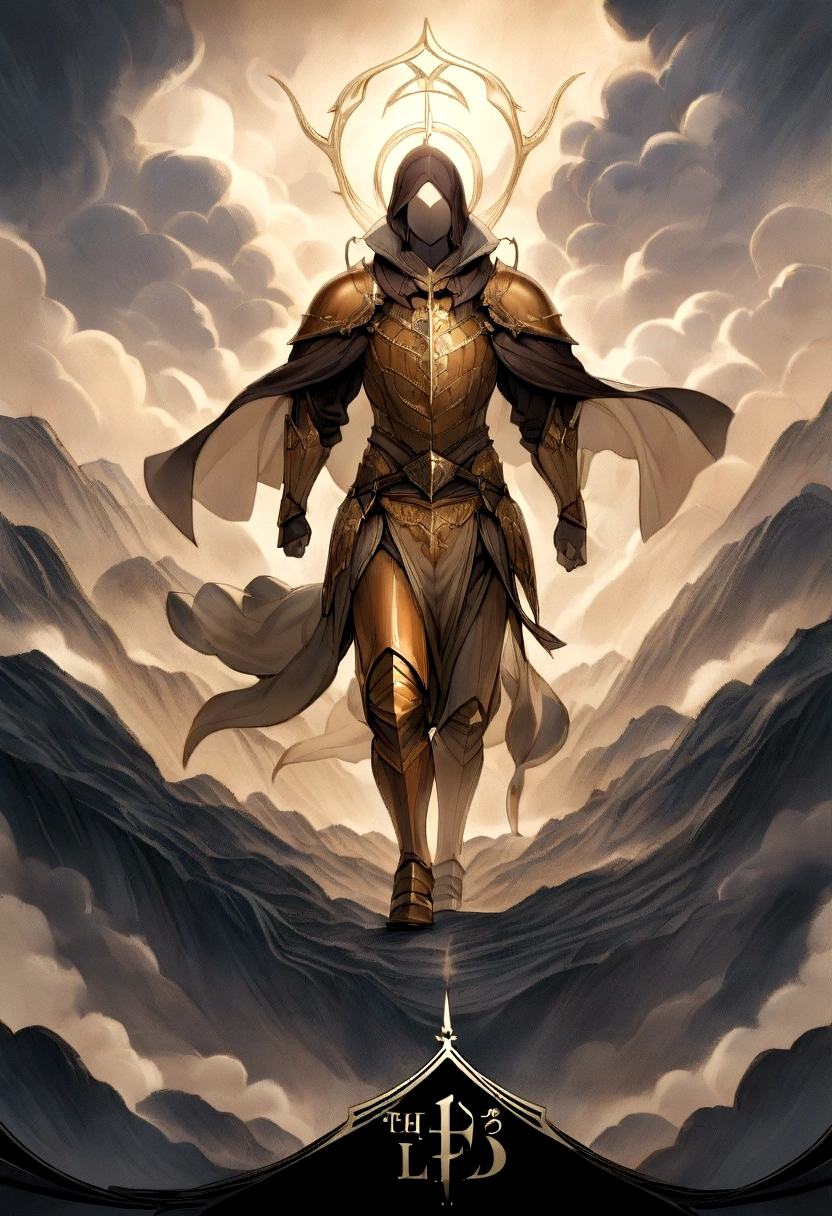 Anime-style illustration for a light novel cover. In the center of the cover stands a boy with simple, tattered clothes, facing the reader. He is surrounded by swirling mist and a mysterious otherworldly landscape. Casting his shadow is an epic warrior in orange steel armor, wielding a purple magical sword. The scene should exude a sense of fantasy and mystery, with the mist and supernatural background enhancing this atmosphere.

Typography: The title 'Intangível' should be in a serif, elegant font with a slight tilt for a dynamic touch. The subtitle should be in a clean, sans-serif font. The title should span the top width of the cover in a gentle arc.

Layout: Ensure the title is positioned at the top of the cover, spanning the entire width in a slight arc.

Materials: The illustration should evoke a premium feel, as if printed on matte paper with a slight texture.

This design aims to capture the essence of the fantasy genre, depicting an ordinary boy with a projection of what he can become. The swirling mist and supernatural landscape create a sense of mystery and adventure. Bold, elegant typography complements the visual composition, adding a touch of sophistication.