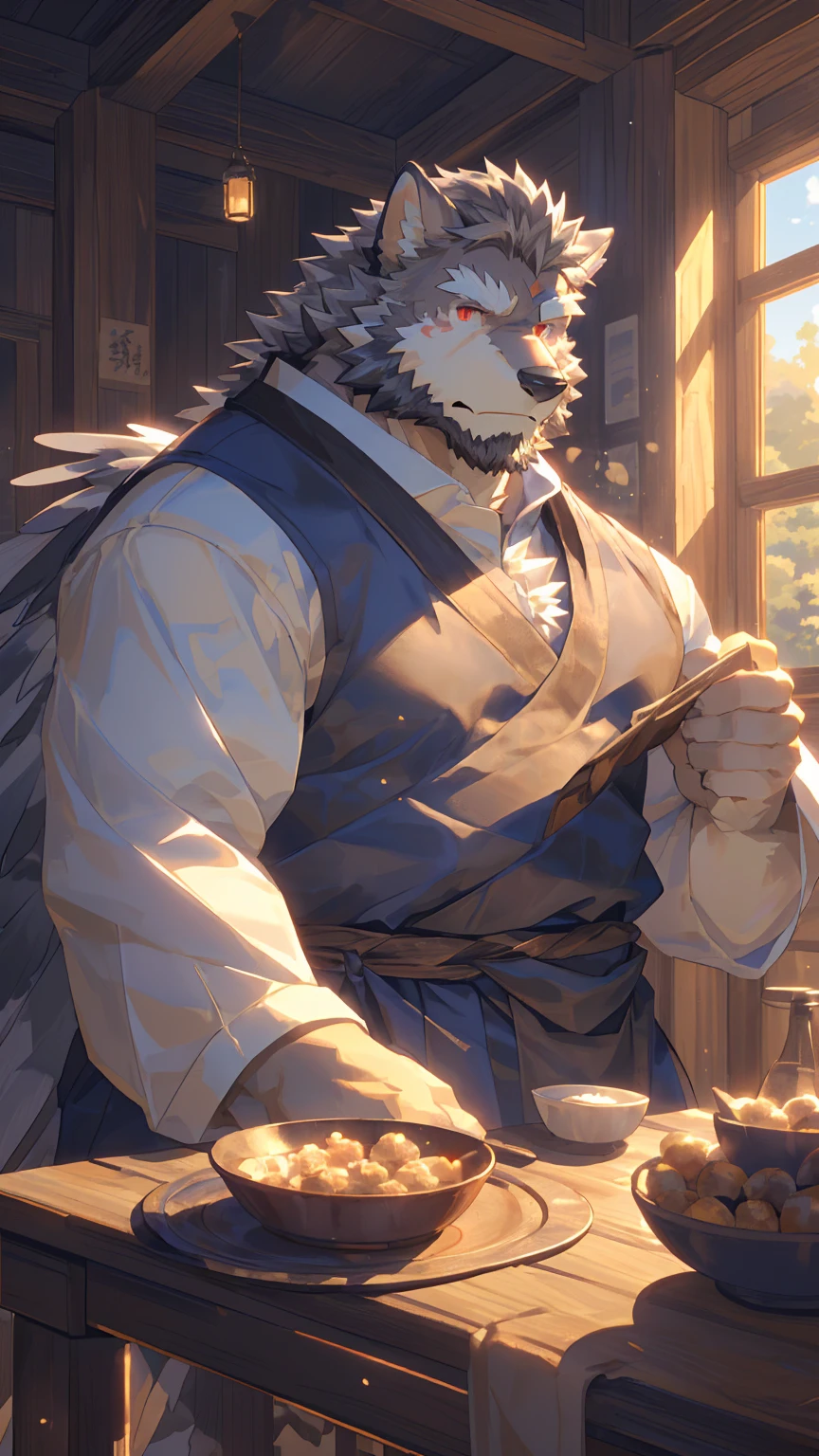 (off white),(Tattered peasant clothes）（Blue pupils），Mature，Tall and strong，Great posture,Sitting quietly at the table by the window,(The background is a sunny and pastoral scenery.:1.2),Abdominal muscles,Honest，完美的masterpiece,Various facial details,Close-up view,specific description,masterpiece,CG,(Red Eyes),off white色图案,off white尾巴,farmer,heroic,Wolf,off white相间的毛皮,Detailed facial details,Half Body,(barefoot）,(Long feathers),((Middle-aged uncle)),(Face Focus),(16K),HD,off white相间的腹部,Cottage,beard,(Facial lines),Heterochromia,(Brown low-cut peasant dress),(Gray hair),Strong,muscle,(high resolution:1.3),(Thousands of lights outside the window)