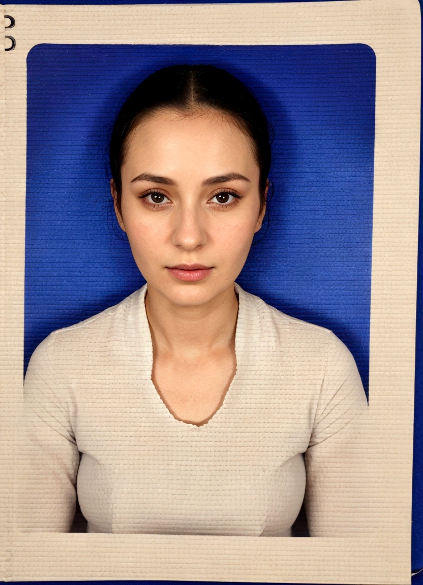 arafed picture of a woman with a blue background, passport photo, 30 years old woman,