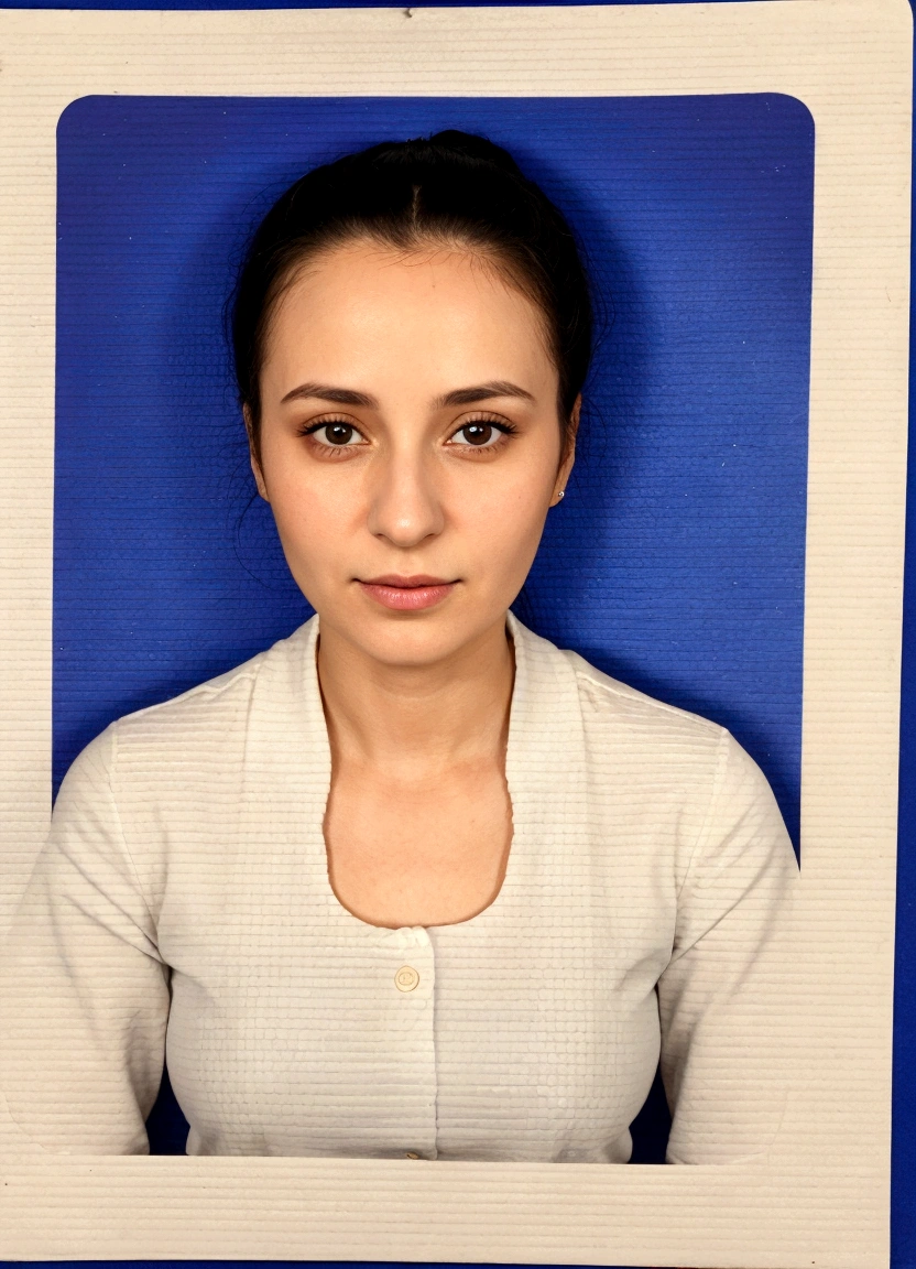 arafed picture of a woman with a blue background, passport photo, 30 years old woman,