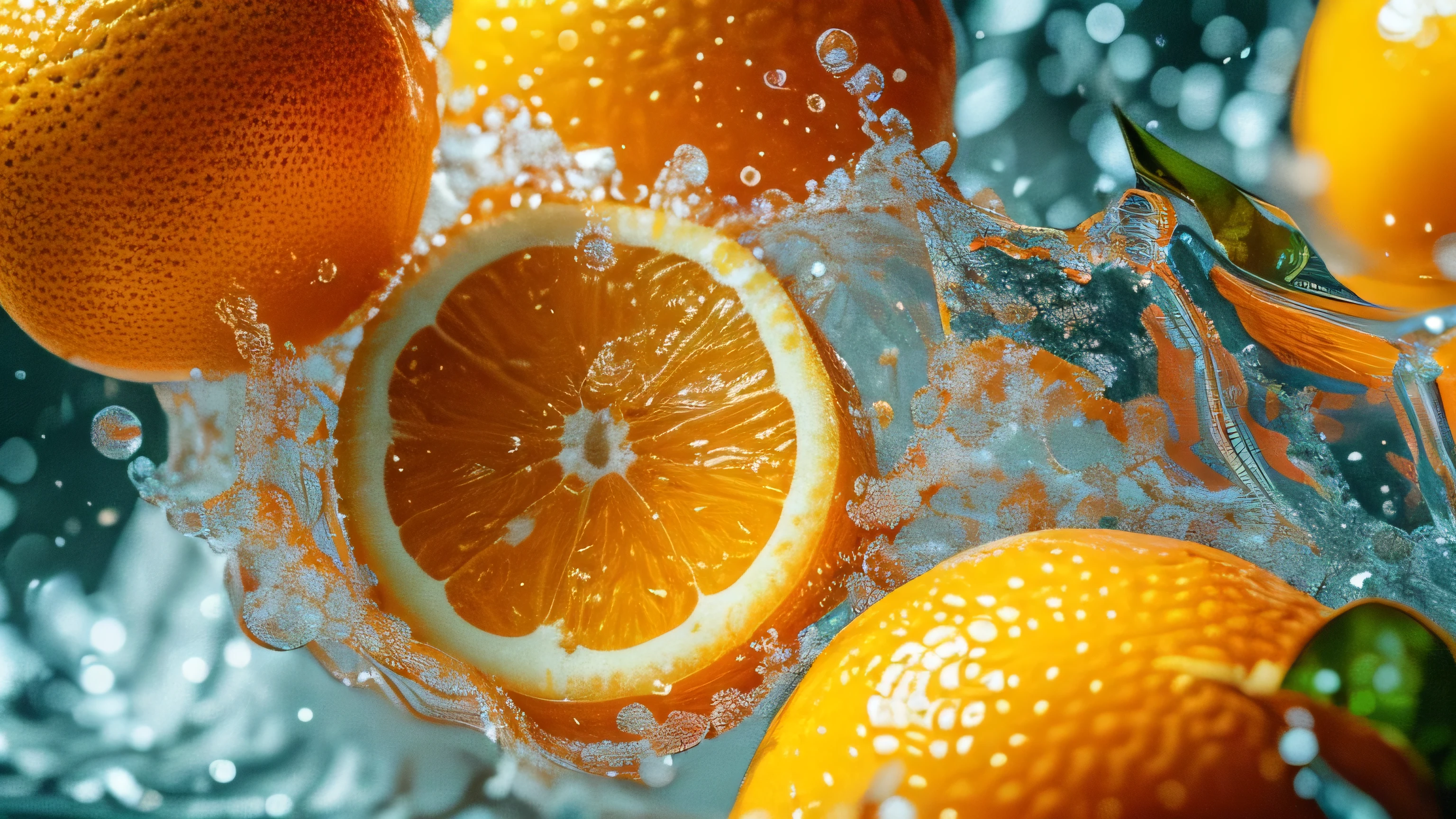 Real photography of 3 oranges falling into water and splashing with water droplets. Commercial advertising style, macro shot, background, warm lighting, cool colors creating splash effect. The cherry is dotted with white light spots, and the cherry falls from above, forming a splashing liquid water ball. HD photography quality.