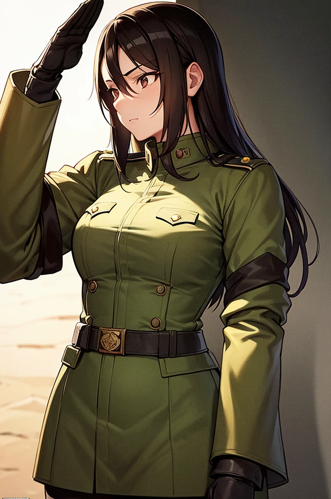 Content:
A black anime woman in a uniform inspired by German WW2 attire, standing in the desert. She has a mature face with long brown hair and brown eyes, exuding confidence and authority. She is depicted as a military general.

Medium:
Concept art, digital illustration.

Style:
Inspired by Yasutomo Oka, Pixiv, Shin Hanga, Fujita Goro, Range Murata, and Artgerm. Incorporating elements from dieselpunk aesthetics and detailed, fine art.

Lighting:
Dramatic, with strong contrasts to highlight her authoritative presence and the intricate details of her uniform. Subtle shadows add depth and realism.

Colours:
A palette dominated by military greens, browns, and desert hues, with subtle highlights to bring out the texture of the uniform and her features. The background features a desert landscape, emphasizing the military theme.

Composition:
A full-body shot, showcasing her mature and confident stance. She stands with a commanding presence, right hand saluting, and left hand behind her back. The desert environment enhances her military aura and the overall composition.