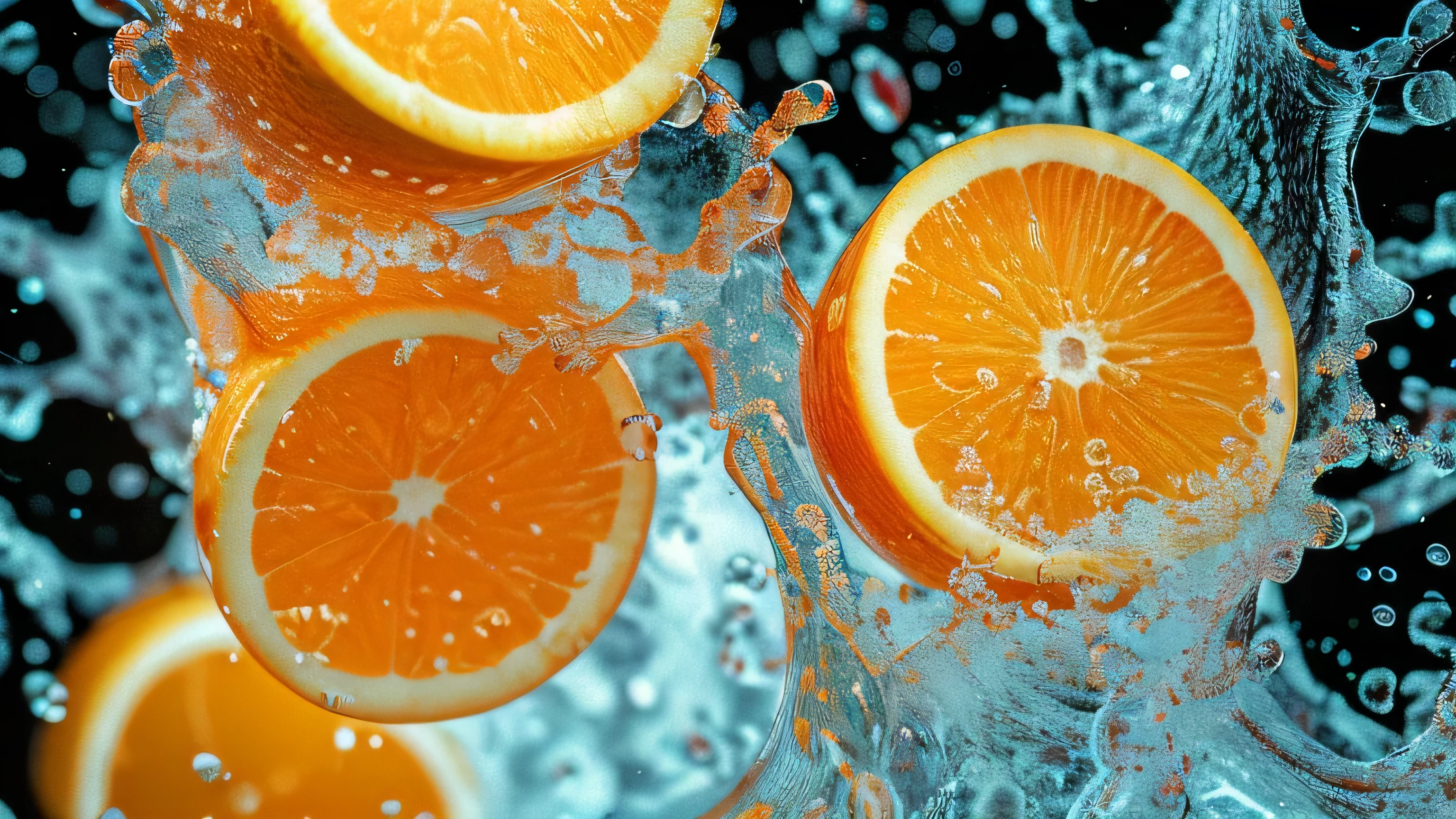 Real photography of 3 oranges falling into water and splashing with water droplets. Commercial advertising style, macro shot, background, warm lighting, cool colors creating splash effect. The cherry is dotted with white light spots, and the cherry falls from above, forming a splashing liquid water ball. HD photography quality.