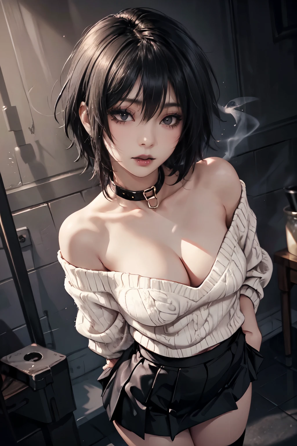 Girl, woman, emo_hairstyle, black lipstick, dog collar, eyeliner, eye shadow, smoky eyes, realistic lighting, short hair, cleavage, sweater, standing up, off shoulder, strapless, shiny skin, arched back, hands behind back, short skirt.