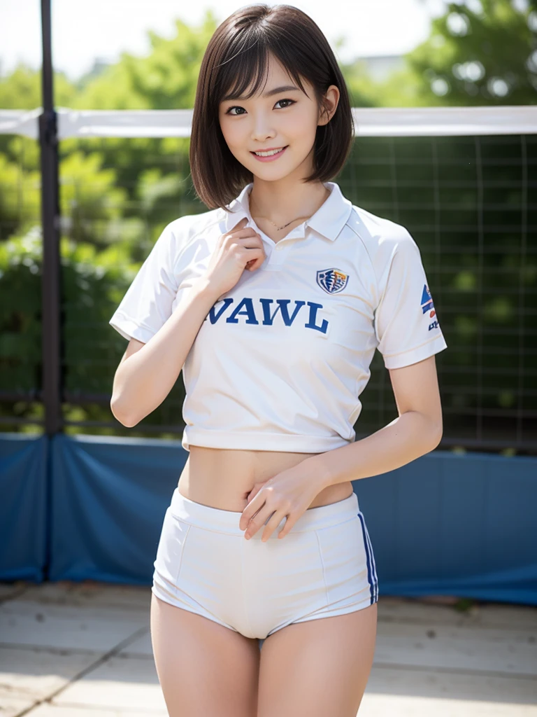 Glossy thighs、(8K、top-quality、​masterpiece:1.2)、(realisitic、Photorealsitic:1.37)、ultra-detailliert、top-quality、超A high resolution、professionally lit、Photon mapping、Radio City、physically-based renderingt、Cinematic lighting、depth of fields,Focusing,Sun'rays,Good composition,,(((1 girl of 12 years))),Double eyes、(((white Volleyball uniform 、Dark blue high-leg low-rise bloomers)))、Gymnasium、A big smile、Gymnasium Court,  (Tween model, 12 year old girl, young)), Ethereal beautiful, slim, very beautiful short hair,Colossal tits、 Toned abs, short cut hair、Soft light, ((David Hamilton Style)),