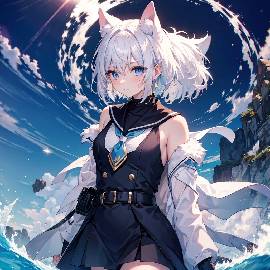 White Hair blue eyes short hair Have student Cat ear nice Blue Earrings necklace gloves beauty thin Sailor suit Put on a black coat Fantasy smile coastal sunset Fluffy hair