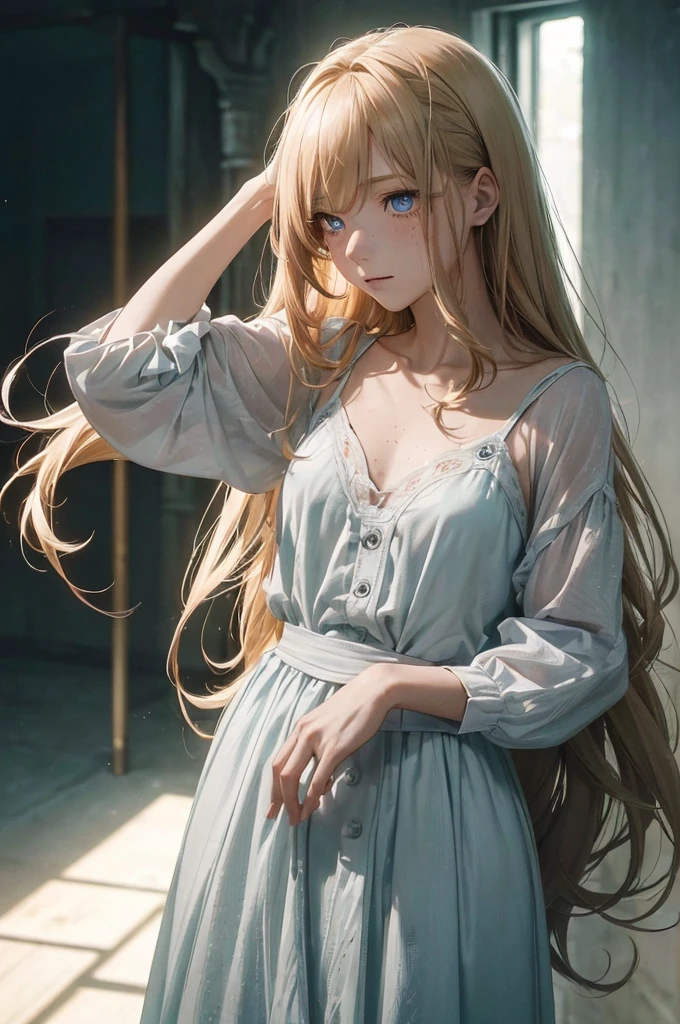 ((1 Female, 1 person, Solitary) Alice,  Humanity, Long curly blond hair, blue eyes, freckle, teenager, 18 years, Rebirth_ongoing) (Main Part, Super detailed, 8K, (HD, Sunlight:0.5, Soft_shadow:0.5, atmosphere_light, 8K, 4K, Surrealism, elegant, ((((Appearance)))), Soft Ton, 柔和的light))(((Dark, Chiaroscuro)))