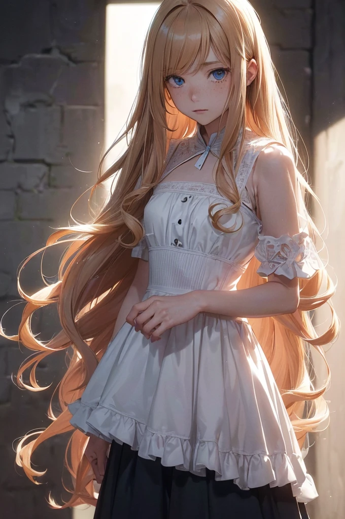 ((1 Female, 1 person, Solitary) Alice, Humanity, Long curly blond hair, blue eyes, freckle, teenager, 18 years, Rebirth_ongoing) (Main Part, Super detailed, 8K, (HD, Sunlight:0.5, Soft_shadow:0.5, atmosphere_light, 8K, 4K, Surrealism, elegant, ((((Appearance)))), Soft Ton, 柔和的light))(((Dark, Chiaroscuro)))