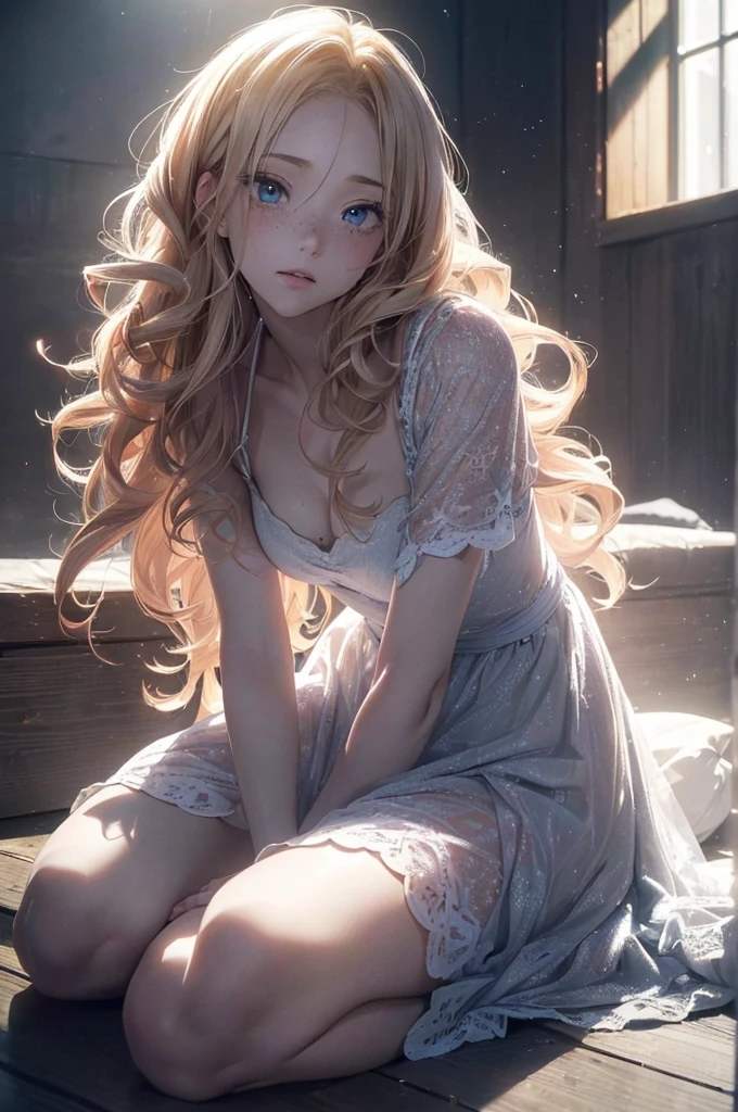 ((1 Female, 1 person, Solitary) Alice,  Humanity, Long curly blond hair, blue eyes, freckle, teenager, 18 years, Rebirth_ongoing) (Main Part, Super detailed, 8K, (HD, Sunlight:0.5, Soft_shadow:0.5, atmosphere_light, 8K, 4K, Surrealism, elegant, ((((Appearance)))), Soft Ton, 柔和的light))(((Dark, Chiaroscuro)))