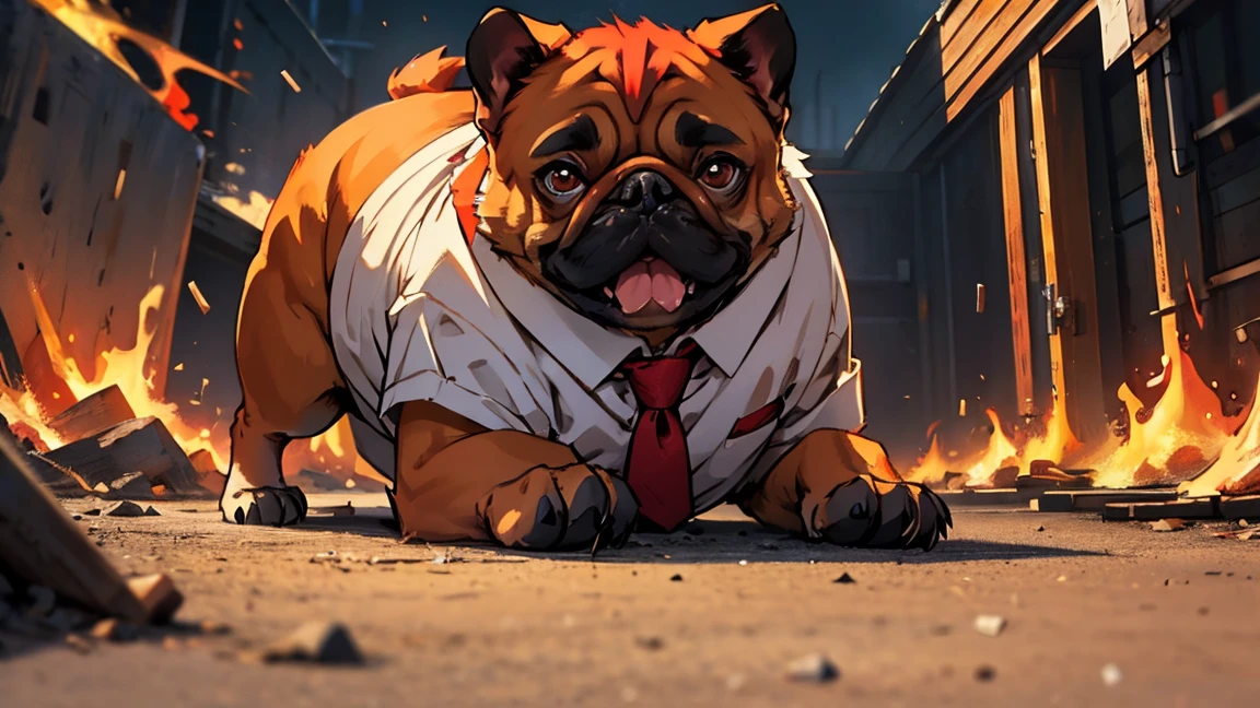 angry red Pug with fiery hair on its head, symbolizing its intense emotions. The Pug is dressed in a beige shirt and a white tie with red dots, giving it a unique and humorous appearance. It sits with its paws on the ground, showcasing its entire body. The background is a warm, golden tone, contrasting with the Pug's fiery hair, creating a vivid and dramatic scene., photo, cinematic