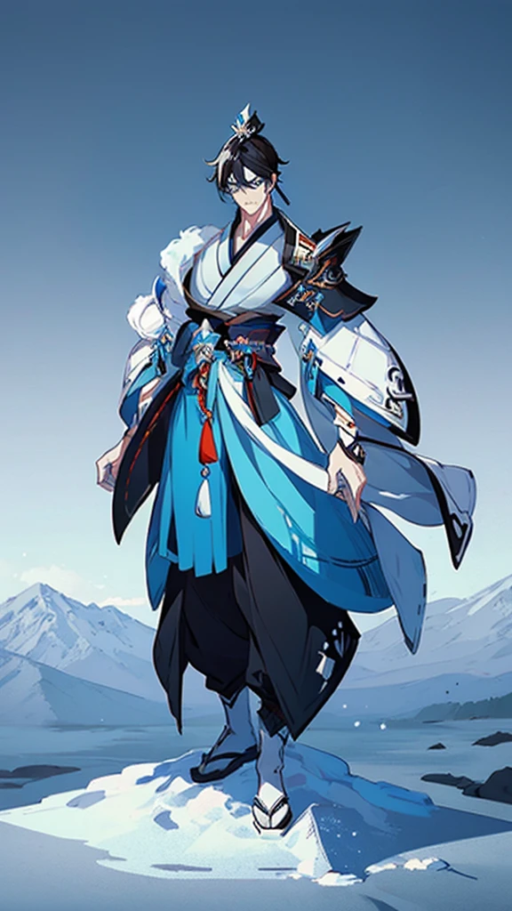 ((Genshin impact style)) (masterpiece), (high quality), (pretty boy face), 1 boy, 16 years, masculine and tall body, white skin, ((shoulder-height black hair)), ((light blue and cold eyes)), Stoic and serious expression, designs from East Asian, Game character costume design, Japanese clothing style with a dark blue, white and black color palette, Japanese hair accessories, ((White background, details of ice and snow in the background)), ((full body standing up))