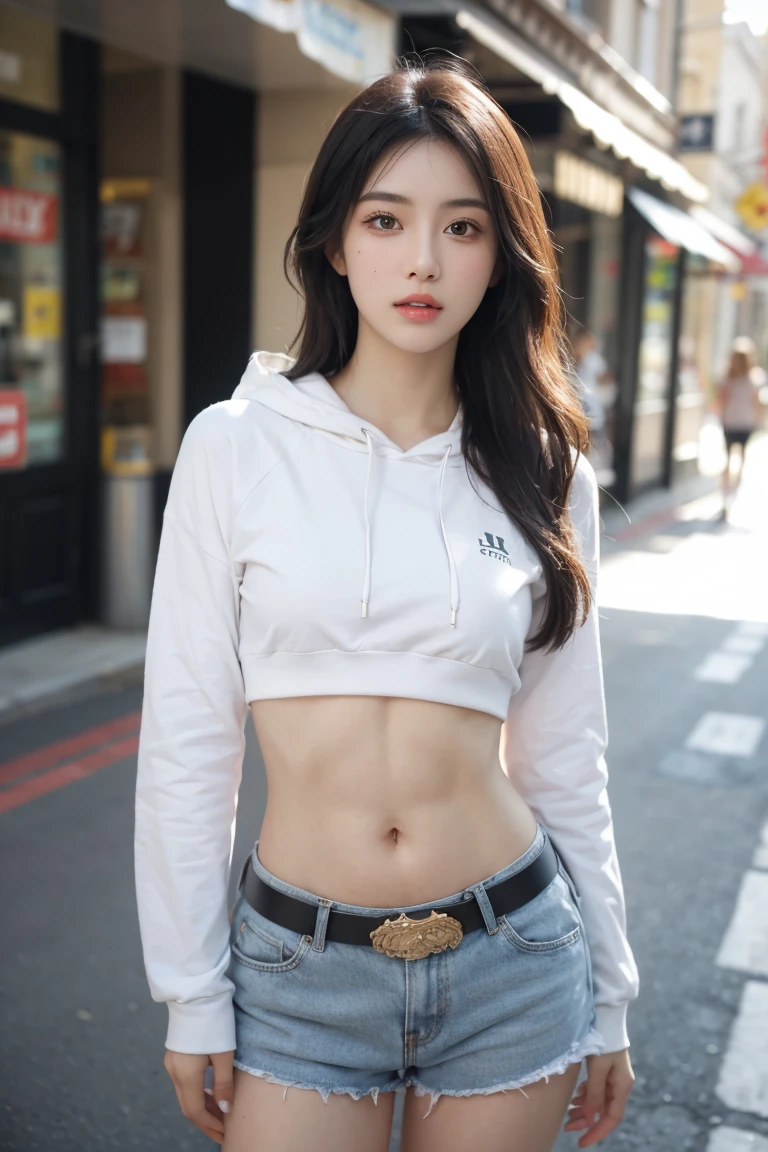 Latin girl in street scene, Hip-hop belly-baring hoodie, long sleeve,exposed lower abdomen,low rise shorts, metal belt,((cowboy shot)),looking to the camera,detailed facial features, pretty eyes, lips, and long eyelashes, reality, 8k, HD Real Skin,Visible and detailed, studio lighting, dramatic lighting, vibrant colors, work, Streets of the city,The abdomen is open,showing belly,sexy abdominal muscles