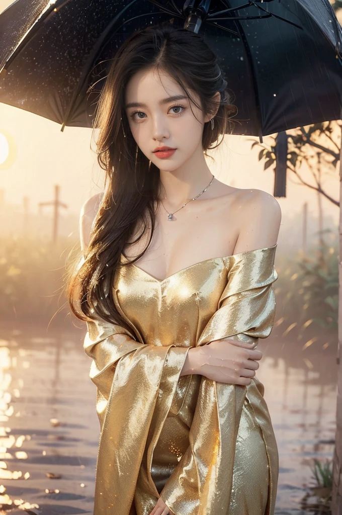 (((best quality))),(((ultra detailed))),(((masterpiece))),illustration,1 beautiful girl,solo,slim,thin,flat chest,shoulder length straight bob hair,flowing hair,fair skin,(shiny skin:1.3),sparkling eyes,cherry-red dress,delicate silver necklace,grass,dewdropletts,trees,bird chirping,(shimmering shadows:1.3),serenity,gratitude,awe,wonders of nature,peace,contentment,magnificent world,summer,(sunrise:1.5),(pitch-dark dawn:1.5),upper body,from front,(after rain:1.3),(wet:1.3),standing,(holding an umbrella)