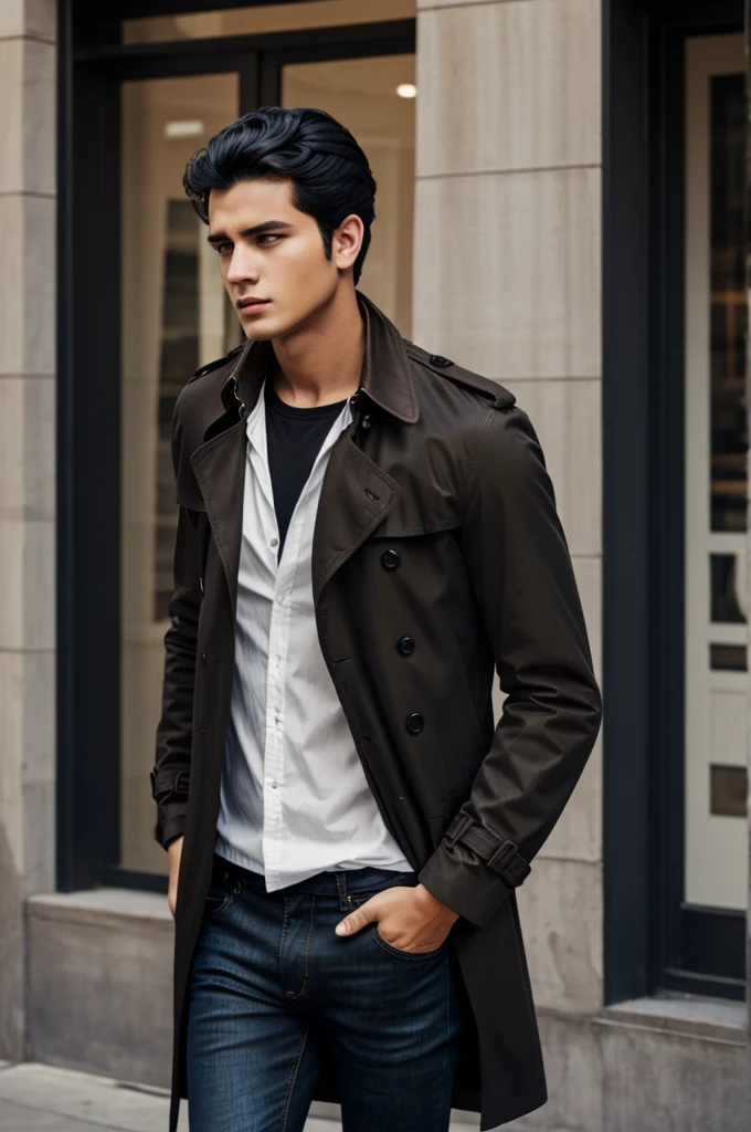 Young man, long black shirt, dark blue jeans, brown trench coat, black hair, white eyes,