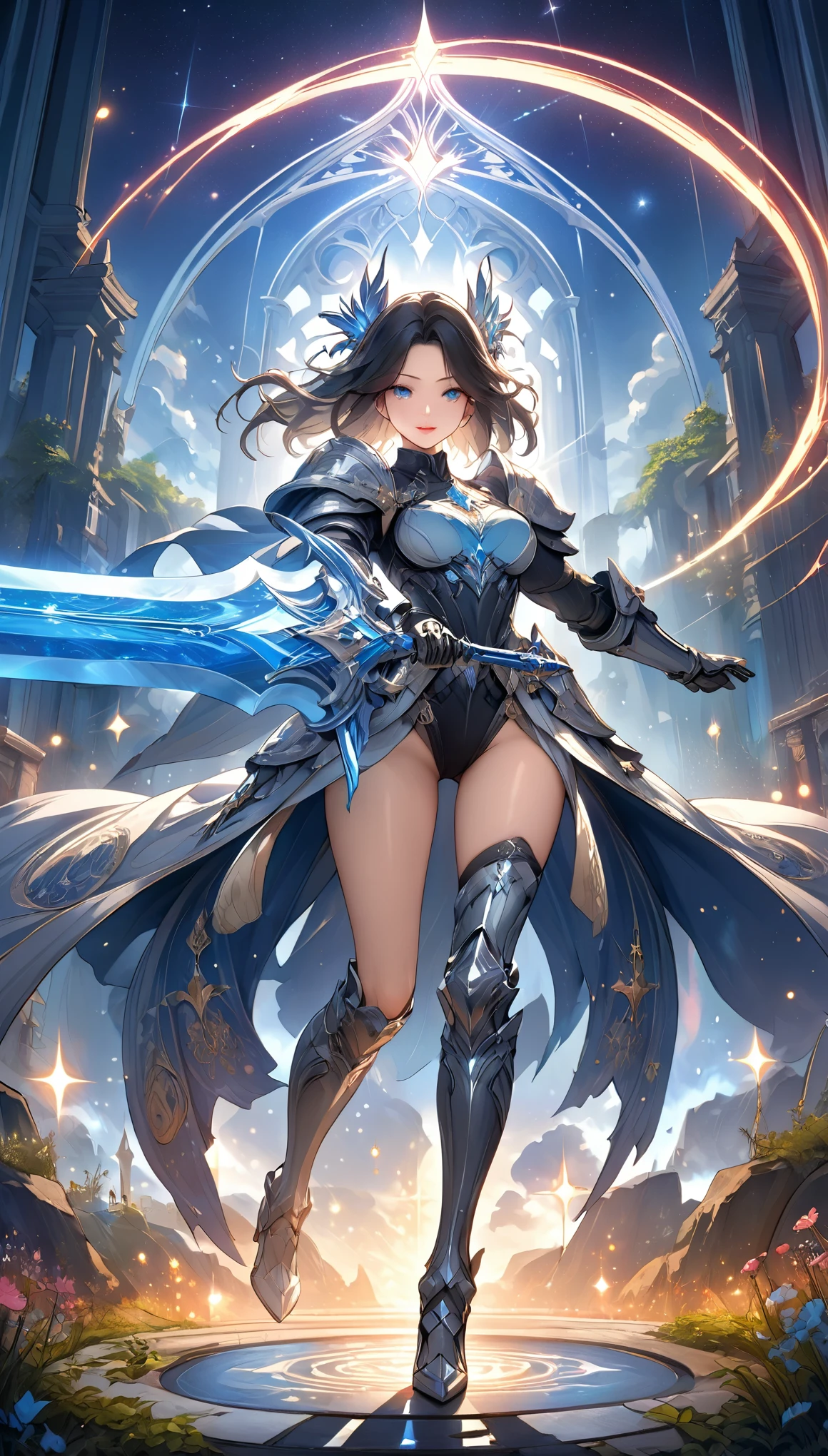 8K resolution, masterpiece, Highest quality, Award-winning works, unrealistic, From above, sole sexy lady, healthy shaped body, 22 years old, Knights of St. John, 165cm tall, huge firm bouncing busts,, black short hair, Detailed facial depictions, Break, Mysterious blue eyes, Standard nose, Eyeliner, pink lips, sexy long legs, Clear skin, holy knight, full body metal armor, A holy sword wrapped in flames, royal coat of arms, elegant, Very detailed, Delicate depiction of hair, miniature painting, Digital Painting, artステーション, コンセプトart, Smooth, Sharp focus, shape, artジャム、Greg Rutkowski、Alphonse Mucha、William Adolphe Bouguereau、art:Stephanie Law , Royal Jewel, nature, Symmetric, Greg Rutkowski, Charlie Bowwater, Unreal, Surreal, Dynamic Lighting, ファンタジーart, Complex colors, Colorful magic circle, flash, dynamic sexy poses, A kind smile, Mysterious Background, Aura, A gentle gaze, BREAK, Small faint lights and flying fireflies, night, lanthanum, 山の頂From above下界を見下ろす, Starry Sky, milky way, nebula, shooting star