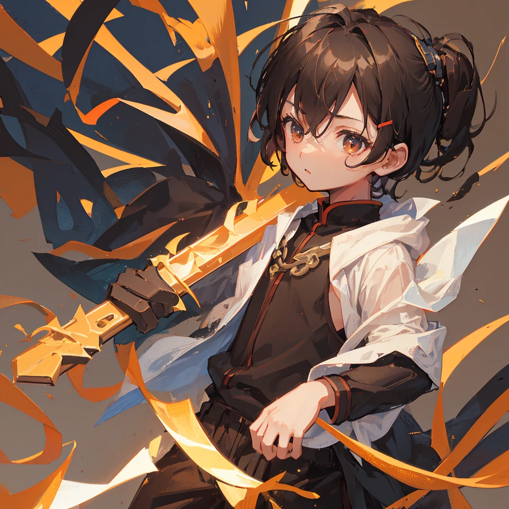 a chinese little boy,juvenile,Black short hair,Blade in hand,witty,,Brown Tone,((Plain brown background))