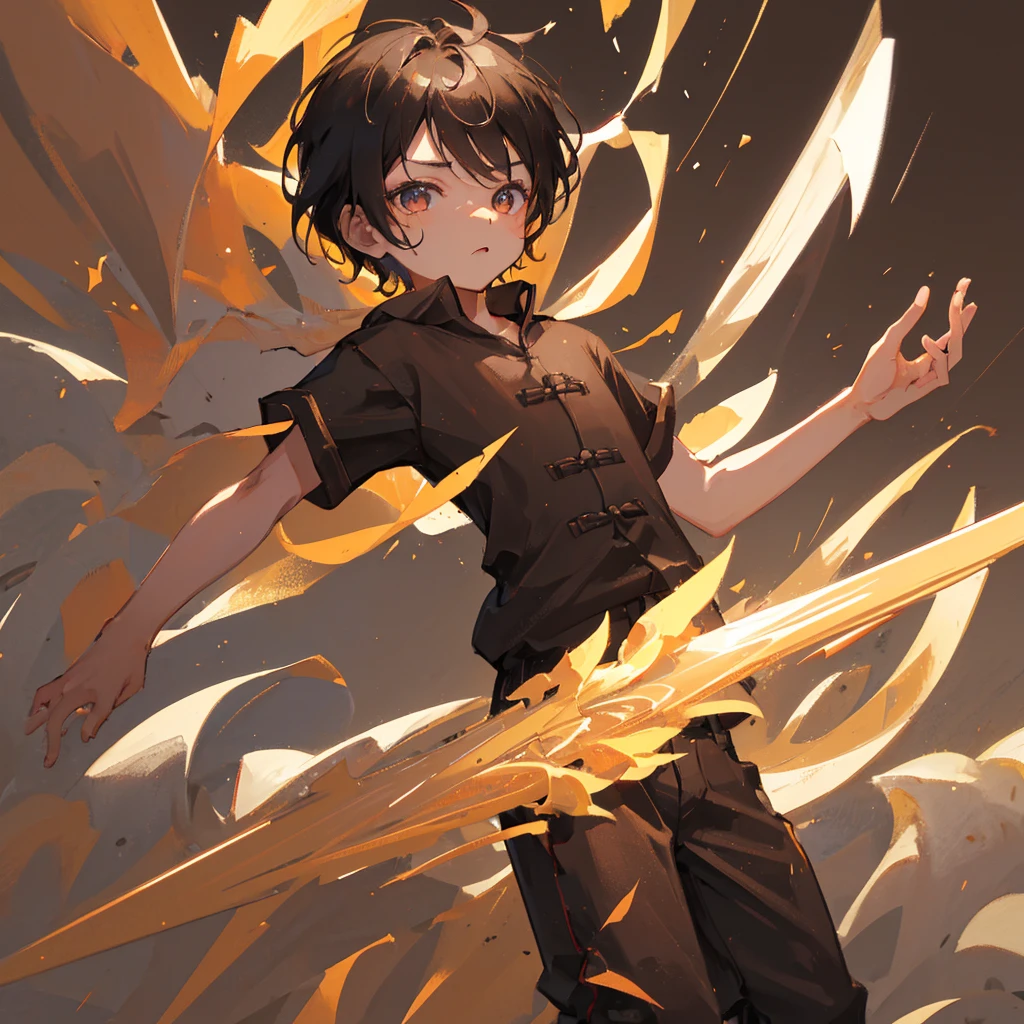 a chinese little boy,juvenile,Black short hair,Blade in hand,witty,,Brown Tone,((Plain brown background))