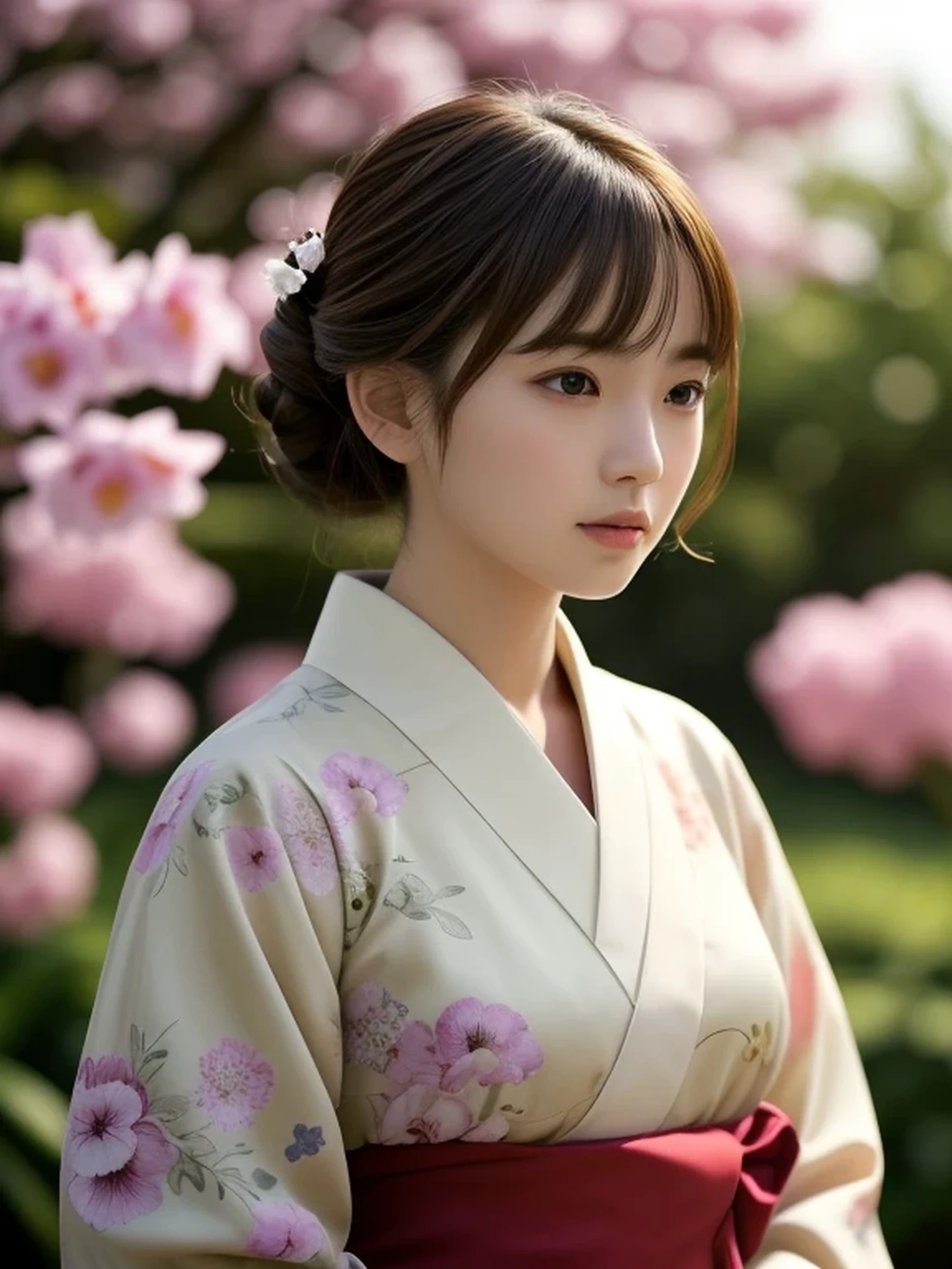 1 Japanese girl, (looking away:1.4), (upper body shot:1.2), Beautifully detailed eyeballs, catchlight in the eyes, Realistic digital painting of a woman portrait, Shy, Cute, open mouth to say something, sad, brown eyes, (half updo,:1.1), (light brown brunette hair:1.3), (Highly detailed skin:1.2), Mystical style, Global Illumination, Traditional Japanese　floral printed Kimono, A silk kimono with a deep red base. A garden with many blooming Iris