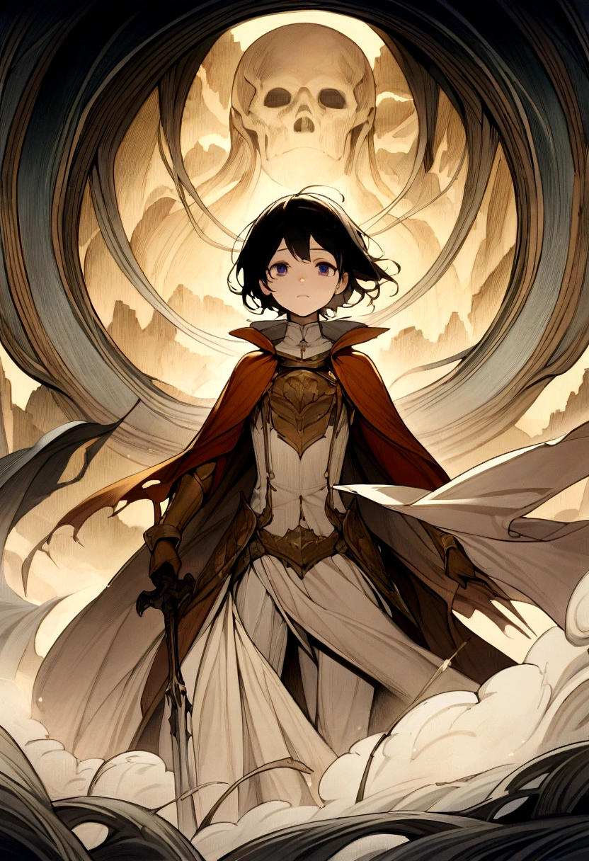 Anime-style illustration for a light novel cover. In the center of the cover stands a boy with simple, tattered clothes, facing the reader. He is surrounded by swirling mist and a mysterious otherworldly landscape. Casting his shadow is an epic warrior in orange steel armor, wielding a purple magical sword. The scene should exude a sense of fantasy and mystery, with the mist and supernatural background enhancing this atmosphere.
Typography: The title 'Intangível' should be in a serif, elegant font with a slight tilt for a dynamic touch. The subtitle should be in a clean, sans-serif font. The title should span the top width of the cover in a gentle arc.
Layout: Ensure the title is positioned at the top of the cover, spanning the entire width in a slight arc.
Materials: The illustration should evoke a premium feel, as if printed on matte paper with a slight texture.
This design aims to capture the essence of the fantasy genre, depicting an ordinary boy with a projection of what he can become. The swirling mist and supernatural landscape create a sense of mystery and adventure. Bold, elegant typography complements the visual composition, adding a touch of sophistication.