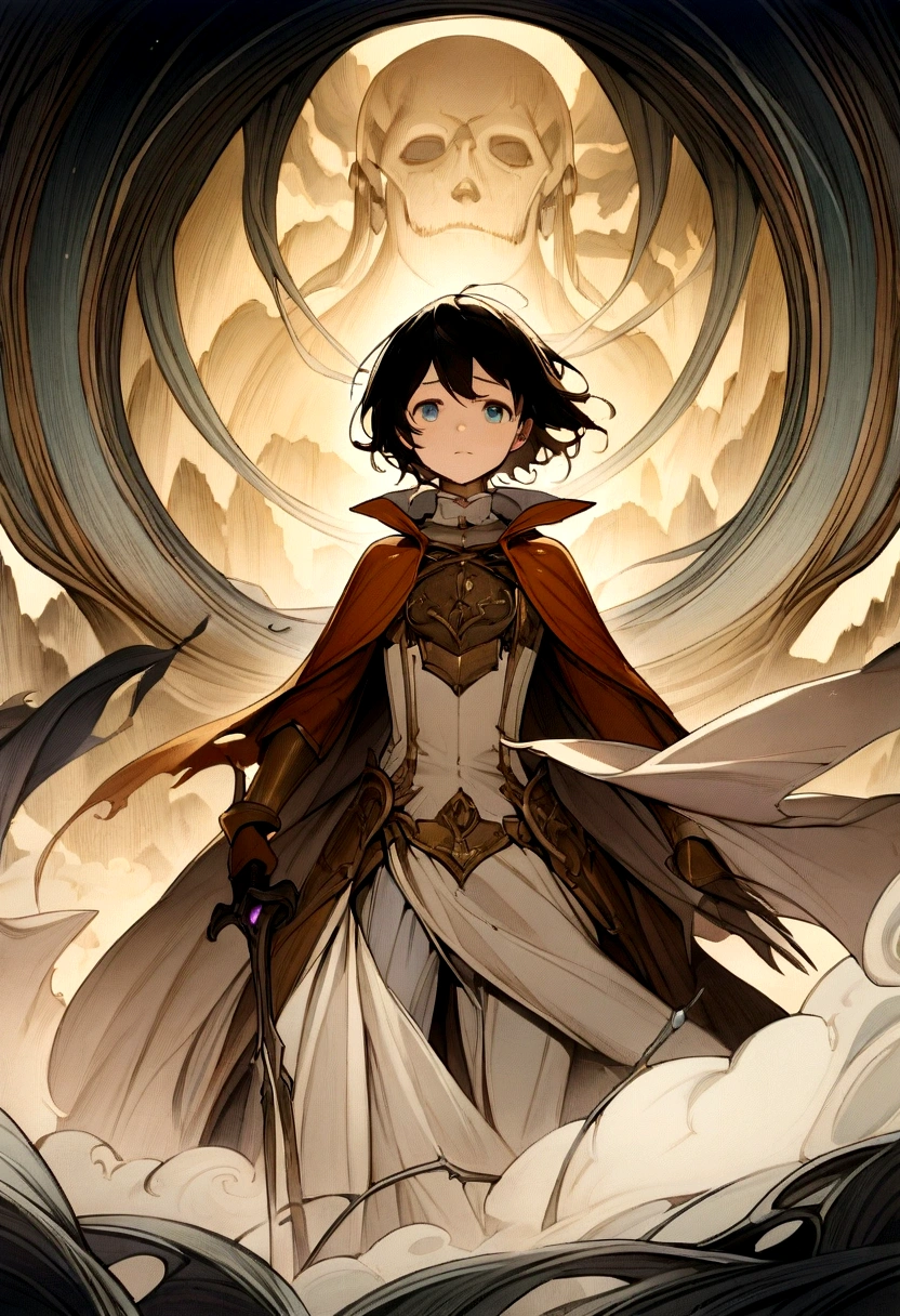 Anime-style illustration for a light novel cover. In the center of the cover stands a boy with simple, tattered clothes, facing the reader. He is surrounded by swirling mist and a mysterious otherworldly landscape. Casting his shadow is an epic warrior in orange steel armor, wielding a purple magical sword. The scene should exude a sense of fantasy and mystery, with the mist and supernatural background enhancing this atmosphere.

Typography: The title 'Intangível' should be in a serif, elegant font with a slight tilt for a dynamic touch. The subtitle should be in a clean, sans-serif font. The title should span the top width of the cover in a gentle arc.

Layout: Ensure the title is positioned at the top of the cover, spanning the entire width in a slight arc.

Materials: The illustration should evoke a premium feel, as if printed on matte paper with a slight texture.

This design aims to capture the essence of the fantasy genre, depicting an ordinary boy with a projection of what he can become. The swirling mist and supernatural landscape create a sense of mystery and adventure. Bold, elegant typography complements the visual composition, adding a touch of sophistication.