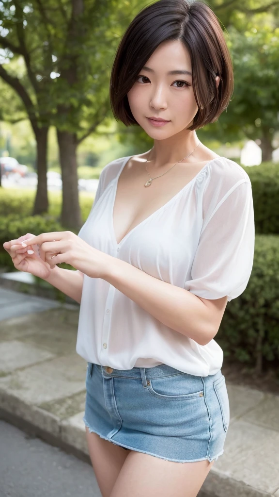A high-resolution, realistic image of a beautiful Japanese woman in her 40s with a short haircut. She is dressed in a blouse and a mini skirt, exuding a delicate and sensual aura. She is making a gesture of running her fingers through her hair. The setting is a summer date, and the image should convey a subjective, personal perspective with detailed depiction.