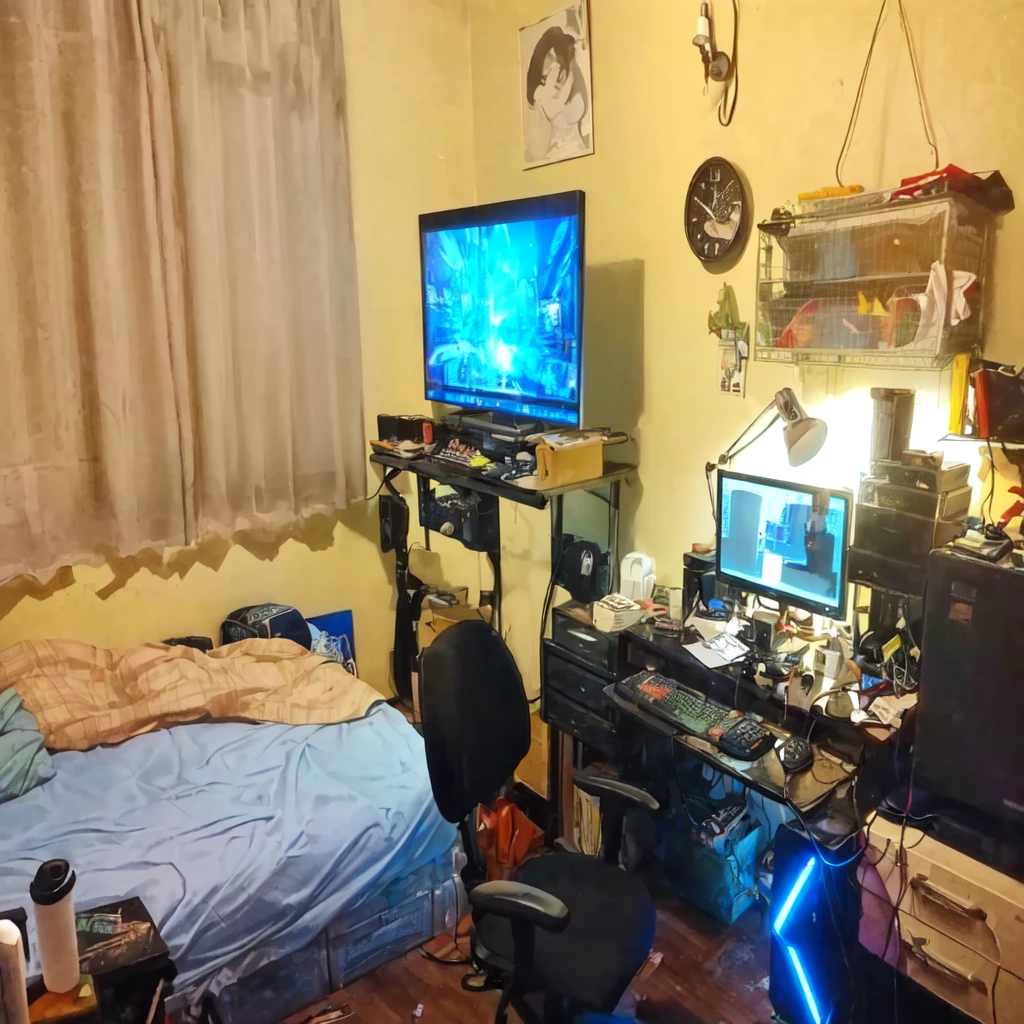 there is a bed and a desk with a computer on it, gaming room, dirty room, my home, messy room, furnished room, inside a cluttered bedroom, in my bedroom, apartment of an art student, cluttered room