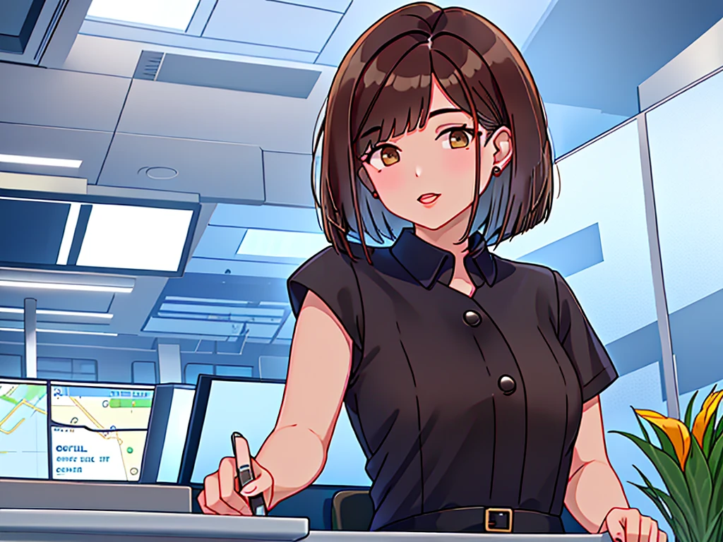 news studio, (((no facele office lady))), brown hair, bob cut, upper body, leading news, small wipe of park, detailed news program, ((from front)), [pixel art]