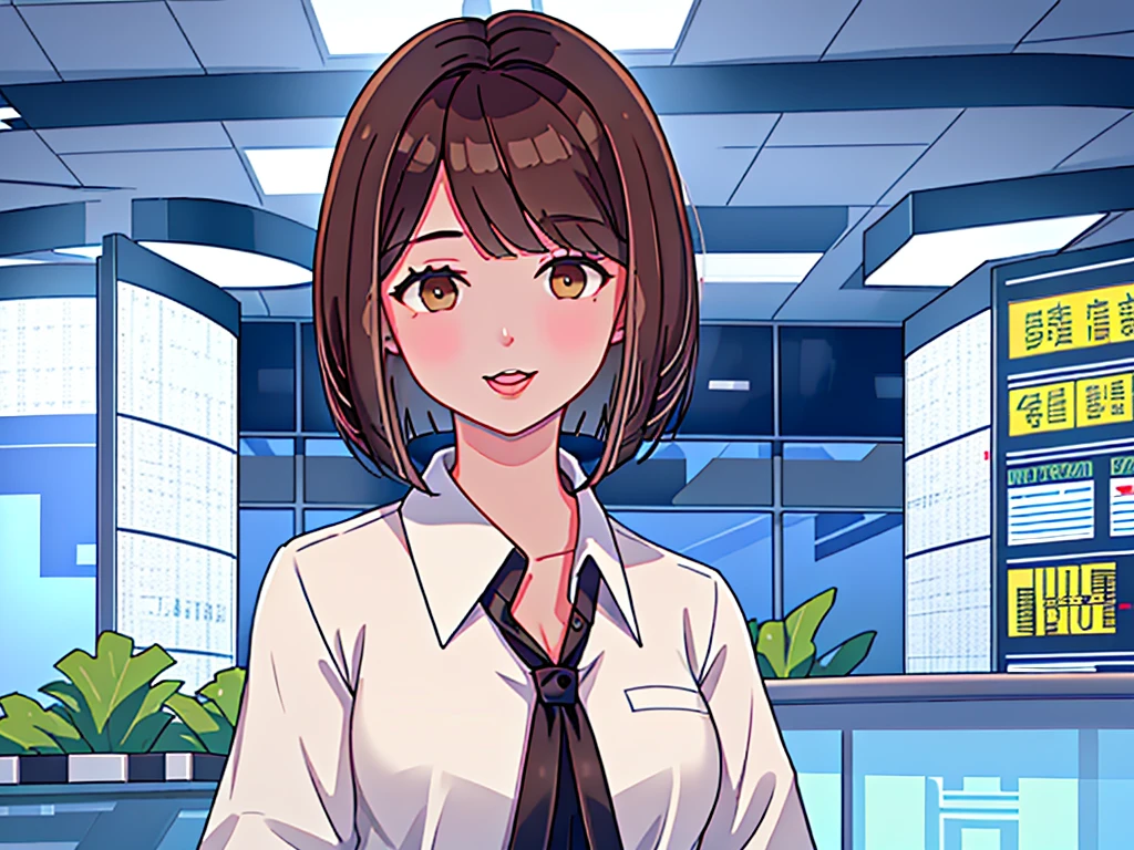 news studio, (((no facele office lady))), brown hair, bob cut, upper body, leading news, small wipe of park, detailed news program, ((from front)), [pixel art]