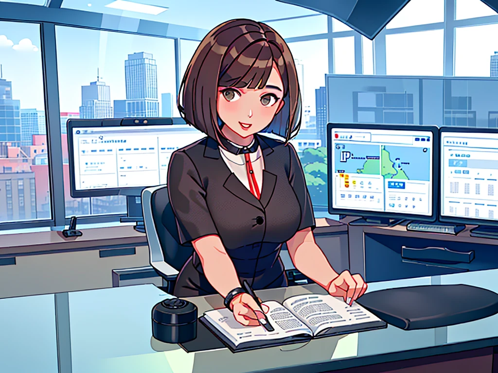 news studio, (((no facele office lady))), brown hair, bob cut, upper body, leading news, small wipe of park, detailed news program, ((from front)), [pixel art]