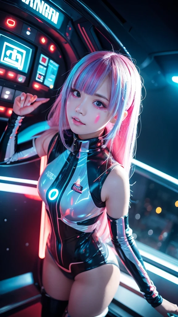 "A girl wearing a semi-transparent anime-style bodysuit with a lot of exposed skin, and flashy patterned shorts. Her entire skin is covered with art paint. She has a sexy face and figure. She is in a capsule that looks like a futuristic life support device, filled with light and switches glowing in various colors. The girl is looking up and making eye contact with the camera. She is turning her head to look back, slightly sticking out her butt, and I am looking down at her from a slightly elevated angle, with the composition centered around her face."