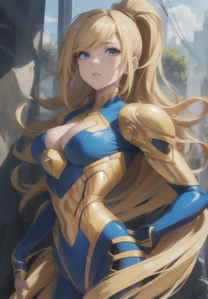 (anime,masterpiece, top quality, best quality,beautiful and aesthetic:1.2,professional illustrasion:1.1,ultra detail:1.3, official art, professional illustrasion, Ultra-detailed depiction, Ultra-precise depiction, extremely detailed 8k illustration, highres, ultra detailed painting, soft shadows), (girl), samus aran \(cosplay\), cool beauty, milf, glossy, (golden long hair), (ponytail), big breasts, perfect body, pubic hair, blue samus aran suit,