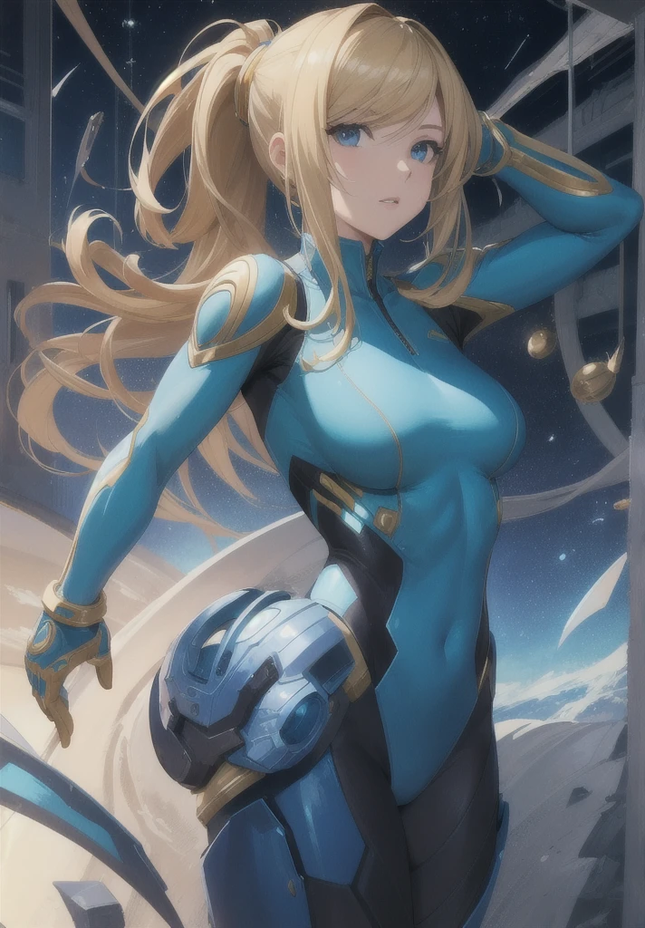 (anime,masterpiece, top quality, best quality,beautiful and aesthetic:1.2,professional illustrasion:1.1,ultra detail:1.3, official art, professional illustrasion, Ultra-detailed depiction, Ultra-precise depiction, extremely detailed 8k illustration, highres, ultra detailed painting, soft shadows), (girl), samus aran \(cosplay\), cool beauty, milf, glossy, (golden long hair), (ponytail), big breasts, perfect body, pubic hair, blue samus aran suit,