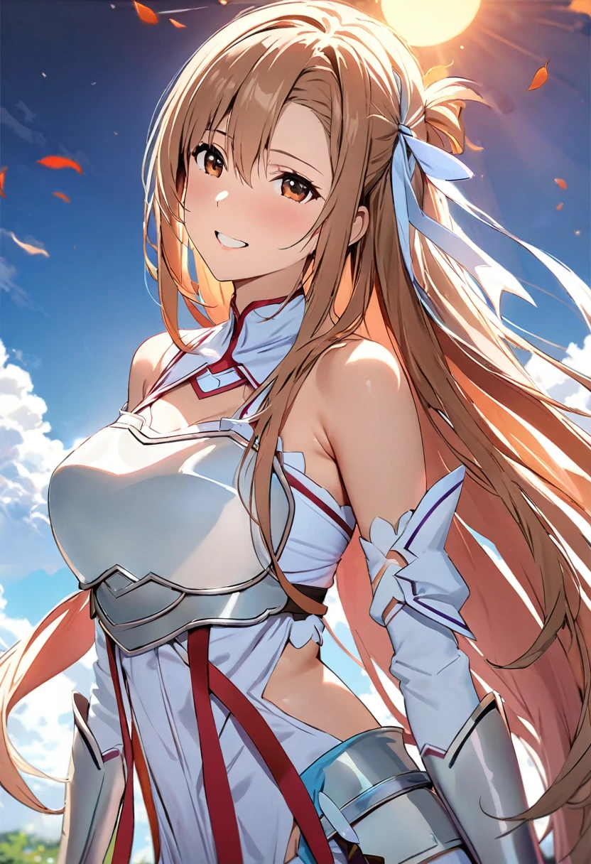 ((masterpiece)), Highest quality, Very detailed,(One Girl),Yuki Asuna、Asuna (stay), brown eyes, bare shoulders, breastplate, armor, detached sleeves, gloves, white gloves, (red and white dress), Long Hair, A radiant smile, Beautiful background ,Clothing,  chest, (((aroused))), (((in heat))), animated painting