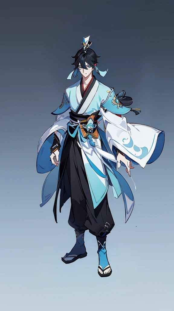 ((Genshin impact style)) (masterpiece), (high quality), (pretty boy face), 1 boy, 16 years, masculine and tall body, white skin, ((medium short black hair)), ((light blue and cold eyes)), Stoic and serious expression, designs from East Asian, Game character costume design, Japanese clothing style with a dark blue, white and black color palette, Japanese hair accessories, ((White background)) ((full body standing up))