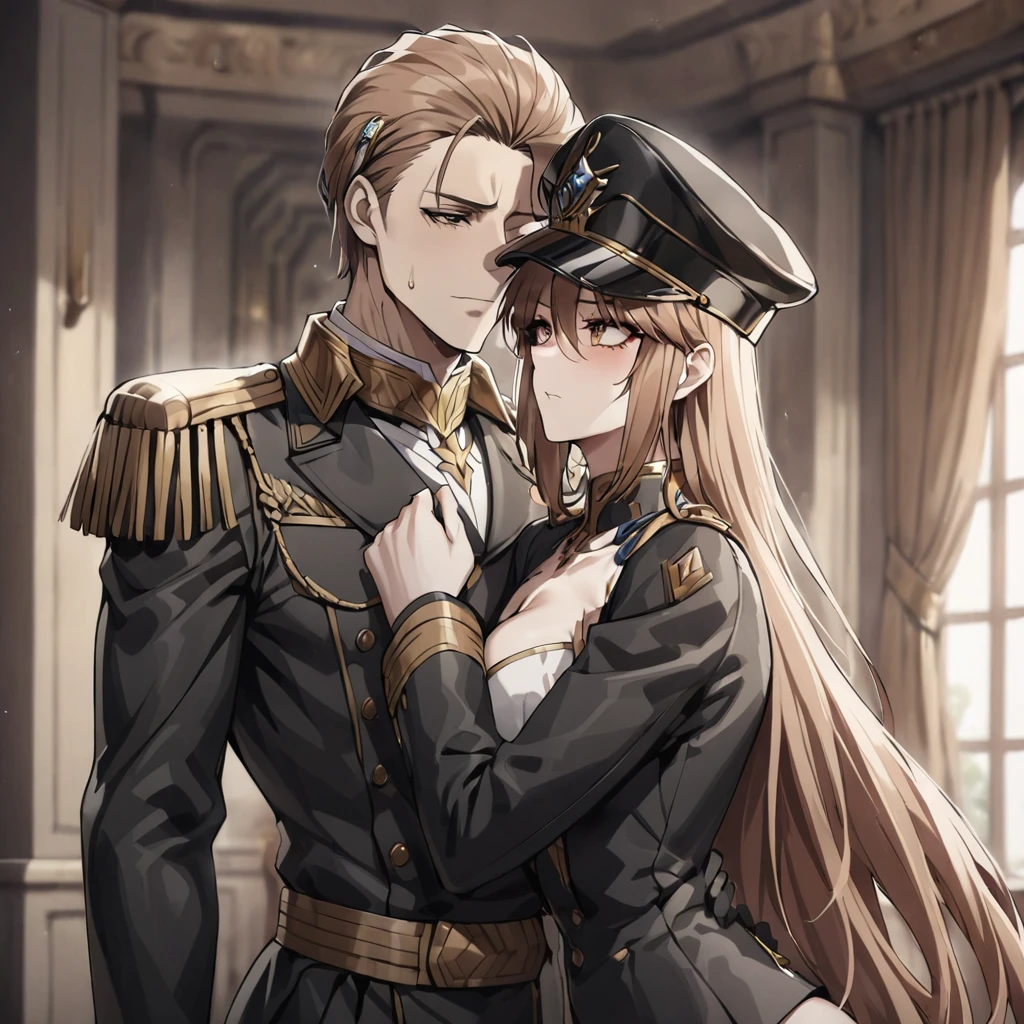((Highest quality)), ((masterpiece)), (detailed), (Perfect Face)、The woman is Princess Leona, with medium-long light brown hair, wearing a sexy black military uniform and military cap for women, and in a luxurious room she is embraced by a strong, dignified, old, male general who is a villain, and is loved by him as his mistress.、Women are brainwashed, expressionless, and have no highlights in their eyes.
