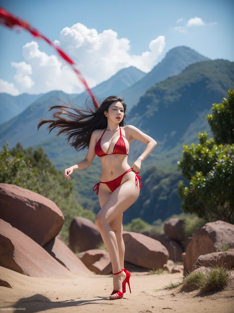 Beautiful Asian Woman, Red Lips, Thick Long Hair, Red Micro Bikini, G String Bikini, Big Breast, Curve Hourglass , Red High Heels, Exciting Action Shot, Combat, Highly Detailed, Explosive, Action