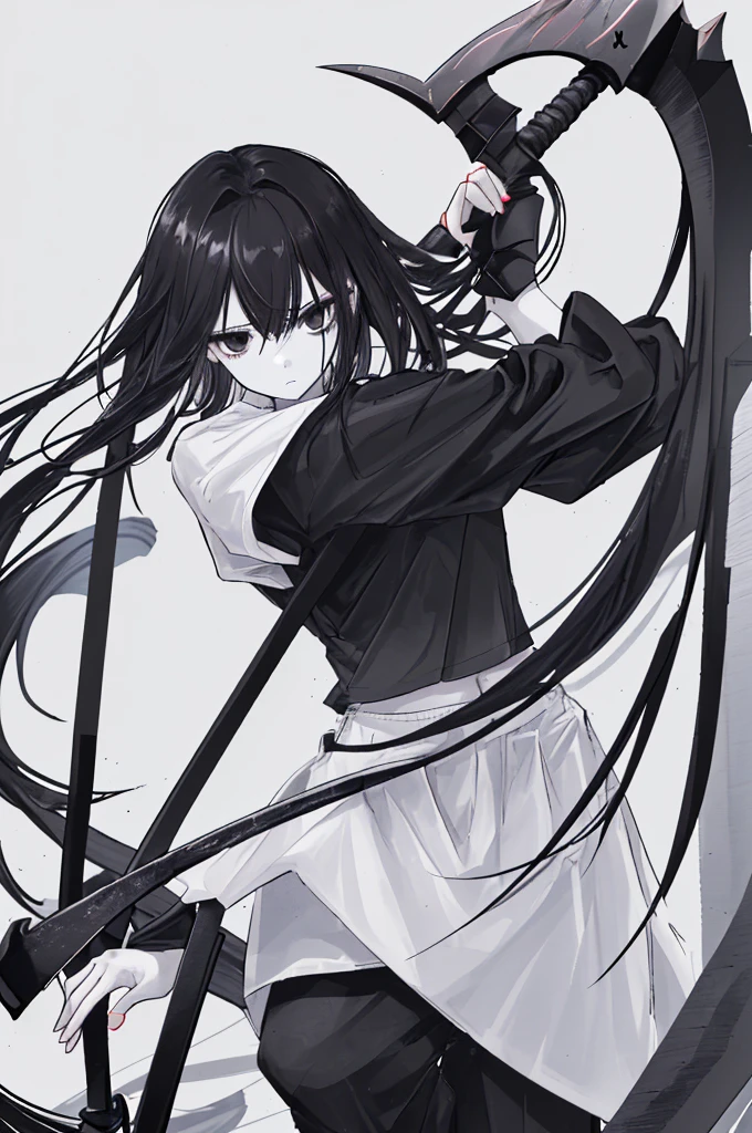 Girl, white skin, black hair, long hair, messy hair, black eyes, dark clotches, holding a scythe, shirt is short, wide and white whit a top black underneath, her pants is wide too, black with weapons around, She has slight dark circles under her eyes