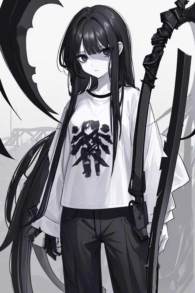 Girl, white skin, black hair, long hair, messy hair, black eyes, dark clotches, holding a scythe, shirt is short, wide and white whit a top black underneath, her pants is wide too, black with weapons around, She has slight dark circles under her eyes