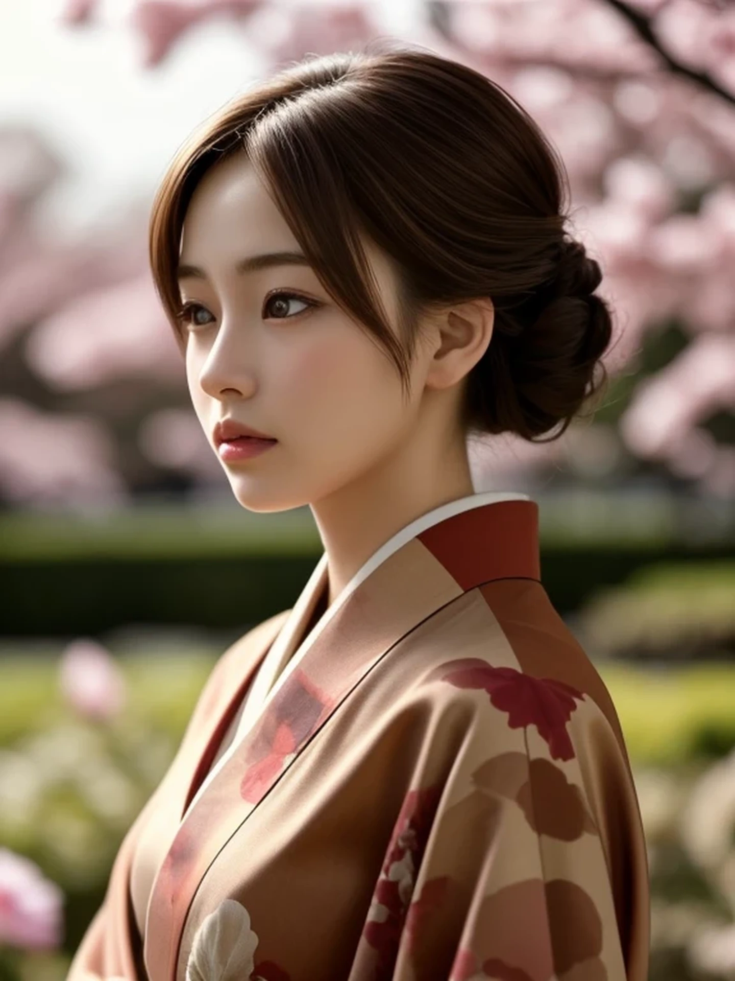 1 Japanese girl, (looking away:1.4), (upper body shot:1.2), Beautifully detailed eyeballs, catchlight in the eyes, Realistic digital painting of a woman portrait, Shy, Cute, open mouth to say something, sad, brown eyes, (half updo,:1.1), (light brown brunette hair:1.3), (Highly detailed skin:1.2), Mystical style, Global Illumination, Traditional Japanese floral printed Kimono, A silk kimono with a deep red base. A garden with many blooming Iris